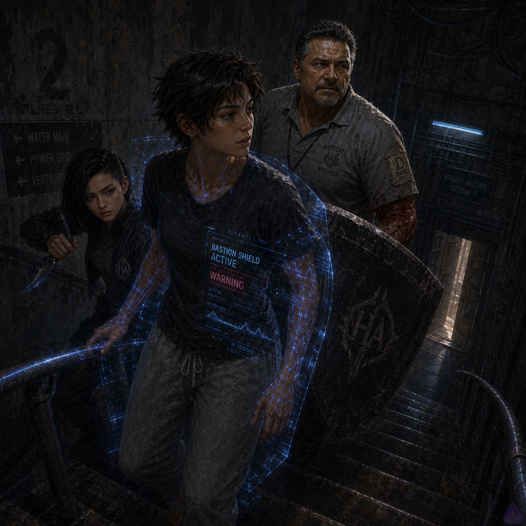 A tense underground maintenance corridor beneath a city building, lit by cold blue emergency strips and a faint unnatural glow from an ajar utility door. The protagonist stands in the foreground with a translucent blue defensive aura, braced and alert, while a cool, precise female striker with a black tactical jacket and asymmetrical undercut stands at their shoulder with dagger ready. A stocky older sentinel in a worn coach polo guards the rear with a shield, blood on his sleeve, all three in a tight defensive formation descending a concrete service stair. The atmosphere is damp, metallic, and claustrophobic, with cables, rusted railings, wet concrete, and a sense of something speaking from the darkness ahead. Cinematic lighting, high tension, blue and steel color palette, visible mana effects, wary facial expressions, no gore, no nudity.