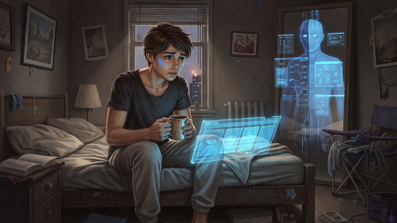 A tense fantasy-lit apartment bedroom in the early dawn, a recently awakened androgynous young adult with hazel brown eyes, warm tawny beige skin, short tousled dark chestnut hair, faded charcoal t-shirt and heather-gray sweatpants sitting on the edge of an unmade bed and holding a chipped coffee mug. A translucent blue holographic system screen hovers at the foot of the bed, glowing with a hidden mysterious fifth slot, while a faint cyan Appraiser figure flickers near a mirror. The mood is anxious and intimate, with cold blue interface light mixing with dim warm lamplight, civilian clutter in the background, and a sense of life changing forever.