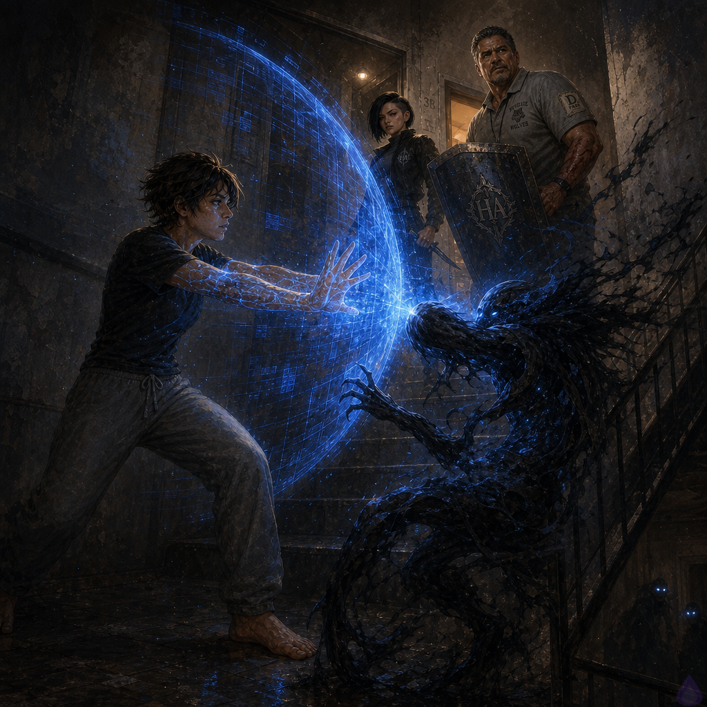 A tense apartment stairwell landing at night, lit by cold blue mana light spilling from a young adult hunter's body and shield barrier. The protagonist stands braced in the foreground in faded t-shirt and sweatpants, hazel eyes focused and exhausted, blue lattice energy wrapping their forearms and chest like a glowing defensive shell. To one side stands Coach Mendez, a stocky middle-aged coach in a faded school polo with a whistle, shielding the stairwell with a dented practice shield and a bloodied forearm. In front of the open apartment door, Sera Ito, a lean B-rank striker in a black tactical jacket and dark turtleneck, stands poised with dagger ready, expression cool and controlled. Below them, the stairwell is swallowed in shadow with a faint, distorted monster shape recoiling from the barrier. The mood is urgent, cinematic, and supernatural, with blue light, dust motes, cracked plaster, and high tension on a narrow landing.