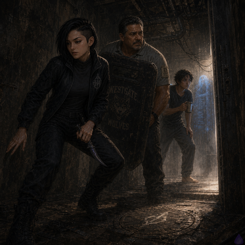 A tense underground maintenance corridor beneath a modern building, lit by a cold pale strip of light from an ajar utility room. The protagonist stands in the foreground with a faint blue magical shield glow around their forearms, cautious and focused. Sera Ito leads at the threshold, lean athletic build, black asymmetric undercut bob, tactical jacket, dagger ready, turning to inspect a rusted floor hatch marked with a rough scratched circle. Coach Mendez stands behind them in a protective stance with a battered shield, blood on his sleeve, grim and stubborn. The mood is suspenseful and claustrophobic, with damp concrete, hanging cables, rusted pipes, and a faint sinister glow from beneath the floor. Emphasize teamwork, wary trust, and a lurking hidden threat under the hatch.