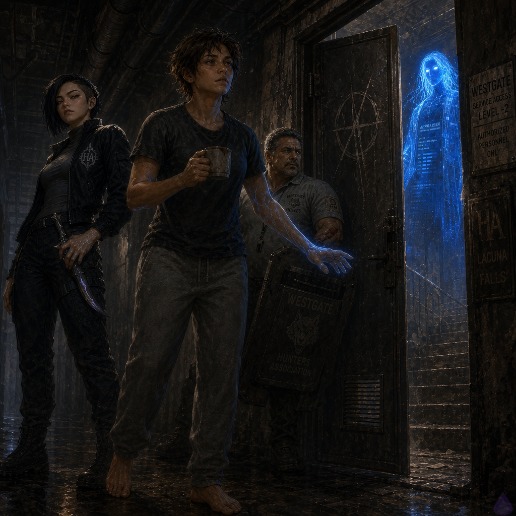 A tense fantasy-lit modern dungeon corridor beneath a city building, dim blue system glow illuminating a narrow service hallway with damp concrete walls, exposed pipes, and a reinforced gray maintenance door scratched with a crude circle. The protagonist stands in the foreground in casual civilian clothes with a blue aura around their forearms, posture calm but alert, quietly accepting the pull of an invisible shield. Sera Ito stands close beside them in a black Hunters Association tactical jacket, short asymmetric black undercut bob, dagger lowered but ready, expression sharp and focused. Coach Mendez guards the rear with a battered shield and blood on one forearm, stocky stance braced. A translucent cyan Appraiser hologram flickers in the mirror-space at the edge of the scene. The atmosphere is eerie, cold, and suspenseful, with shallow shadows and a sense that the door is breathing from the other side.