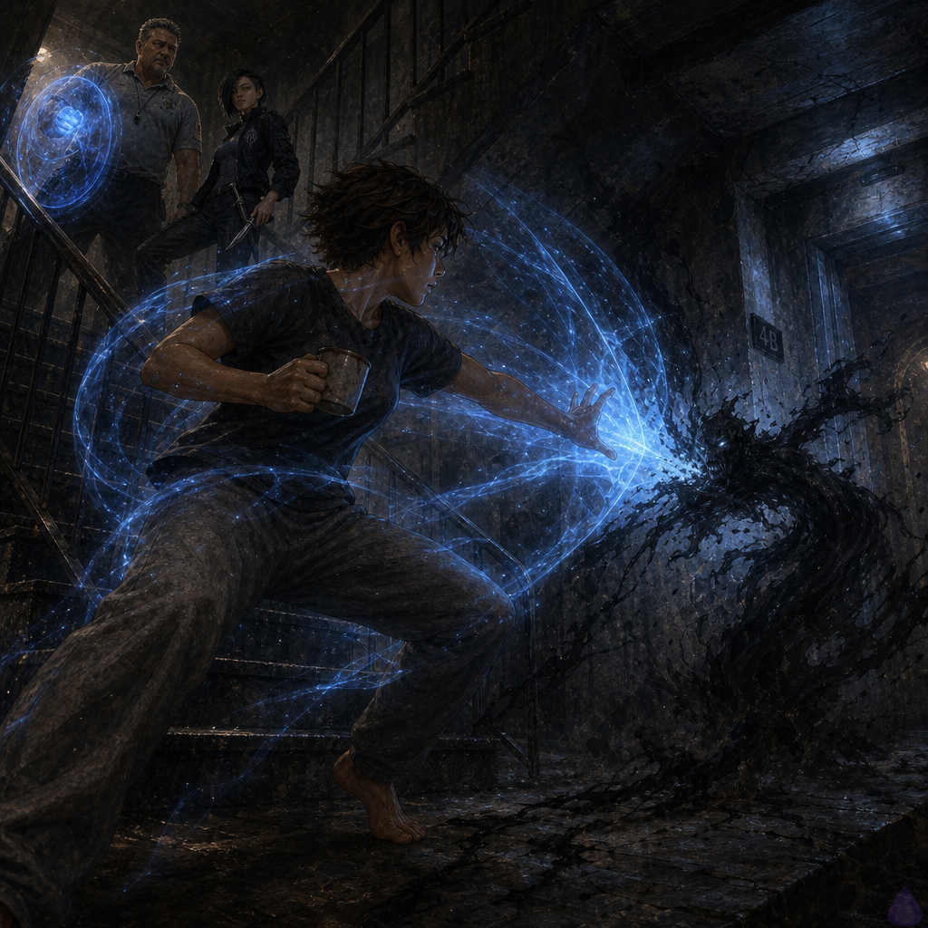 A tense apartment stairwell in a dim urban building, lit by cold blue magical light from a young adult Sentinel standing one step down into the stairwell, facing a black, shapeless anomaly on the lower landing. The protagonist wears faded charcoal t-shirt and gray sweatpants, with a translucent blue shield aura coiling around their body. At the top of the stairs, a stocky middle-aged coach in a faded school PE polo braces with a shield, while a lean athletic woman with a black tactical jacket and undercut bob stands beside him with a dagger drawn, both watching the darkness below. Mood is suspenseful and dangerous, with cracked concrete, metal railings, smoke-like shadow residue, and the sense of a creature whispering from the dark. Cinematic framing, high contrast blue and gray lighting, intense body language, supernatural tension, no gore, no nudity.