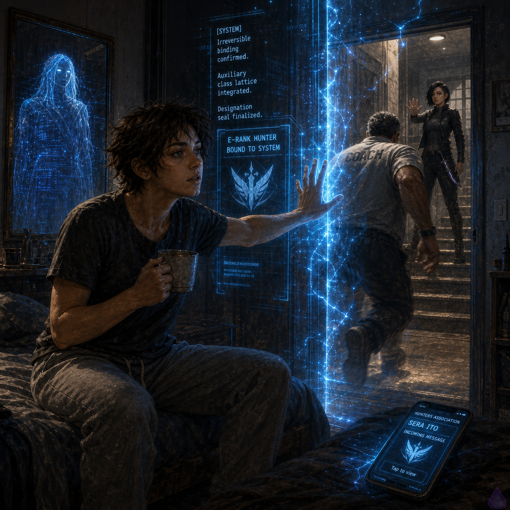 Interior of a small modern apartment bedroom at night, lit by intense translucent blue System light flooding from a hovering class screen and a trembling apartment door in the background. A tired tawny-skinned young adult with short-to-medium dark chestnut bedhead hair sits near the edge of the bed, tense and breathless, hands raised as if maintaining an invisible shield. Blue defensive energy arcs around the doorway like a thin glass wall. In the hallway beyond the partly hidden door, a stocky middle-aged coach in a faded school PE polo is visible in motion, and farther back a fit young woman with a black tactical jacket and asymmetric undercut stands in a controlled combat posture, both framed by chaos and emergency lighting. The mood is anxious, supernatural, and high-stakes, with sharp shadows, floating holographic interface text, and an ominous sense of a hidden power awakening.