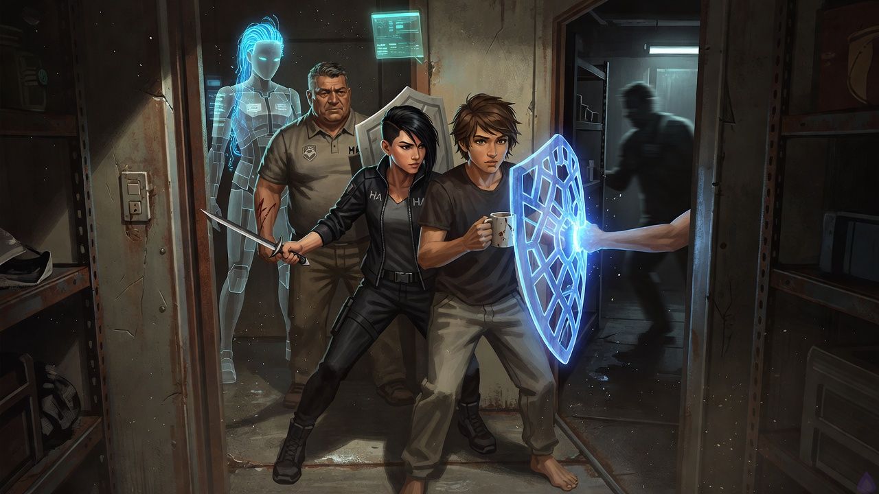 A tense underground maintenance chamber beneath a city building, lit by cold blue magical shield light and a flickering white strip-light. The protagonist stands at the hatch with a glowing blue Veil Bastion around their arms and torso, beside Sera Ito, a lean B-Rank striker with an asymmetric black undercut bob, tactical jacket, dagger ready, both holding the threshold together in a defensive stance. Coach Mendez stands behind them braced with a battered shield, blood on his forearm, grim but steady. In the dark corridor ahead, a blurred hostile presence recoils at the edge of the barrier. The mood is claustrophobic, protective, and triumphant, with blue light reflecting off rusted metal, wet concrete, cables, and old transit equipment. Cinematic composition, high detail, dramatic shadows, emotional teamwork and resolve.