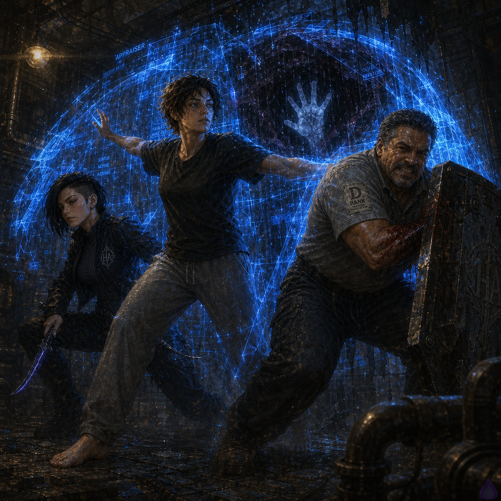 A tense underground maintenance room beneath a modern building, lit by sickly blue magical light and one failing yellow bulb. The protagonist stands in the foreground with a glowing blue barrier expanded around themselves, Sera Ito poised at the relay frame with dagger ready, and Coach Mendez braced beside a metal doorway with a battered shield. The room is cramped, full of rusted pipes, cables, stained concrete, and a blackened transit seam in a metal frame at the center. The mood is suspenseful and magical, with hard shadows, cold blue highlights, and visible strain on everyone’s faces. Show determination, teamwork, and a looming threat pressing from the dark seam.