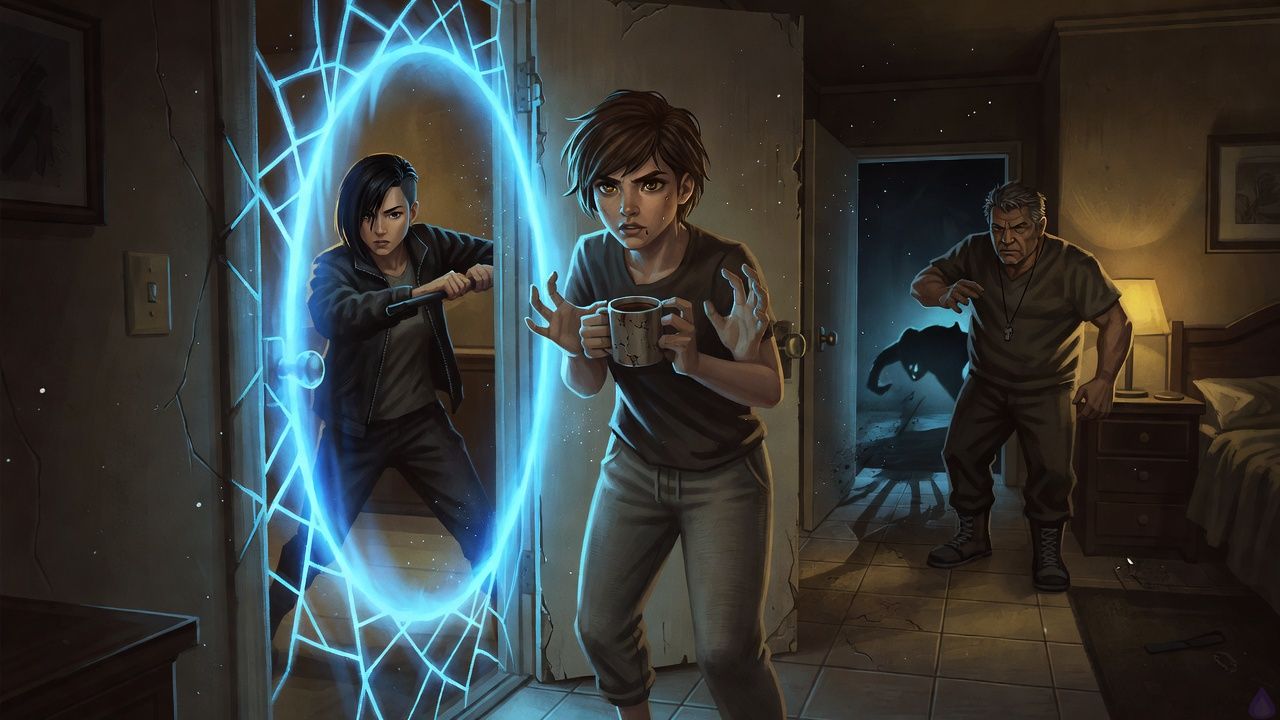 Interior apartment bedroom doorway at night during a supernatural dungeon-apocalypse, a young adult hunter standing rigid with both hands raised, pouring power into a bright blue protective barrier that thickens around the doorframe and glows across cracked plaster walls. The hallway beyond is partially visible through the glare, with a muscular older coach braced in the corridor and a lean B-rank woman with a black asymmetric undercut bob in tactical jacket moving with sharp controlled urgency. The protagonist looks exhausted, sweat on the face, knees trembling, eyes lit blue. The room is lit by cold cyan mana and a warm bedside lamp, creating dramatic contrast. Show a tense, cinematic action moment, with energy surging, visible impact ripples, and an ominous shadow retreating beyond the shield. Mood: desperate, protective, high-stakes, suspenseful.