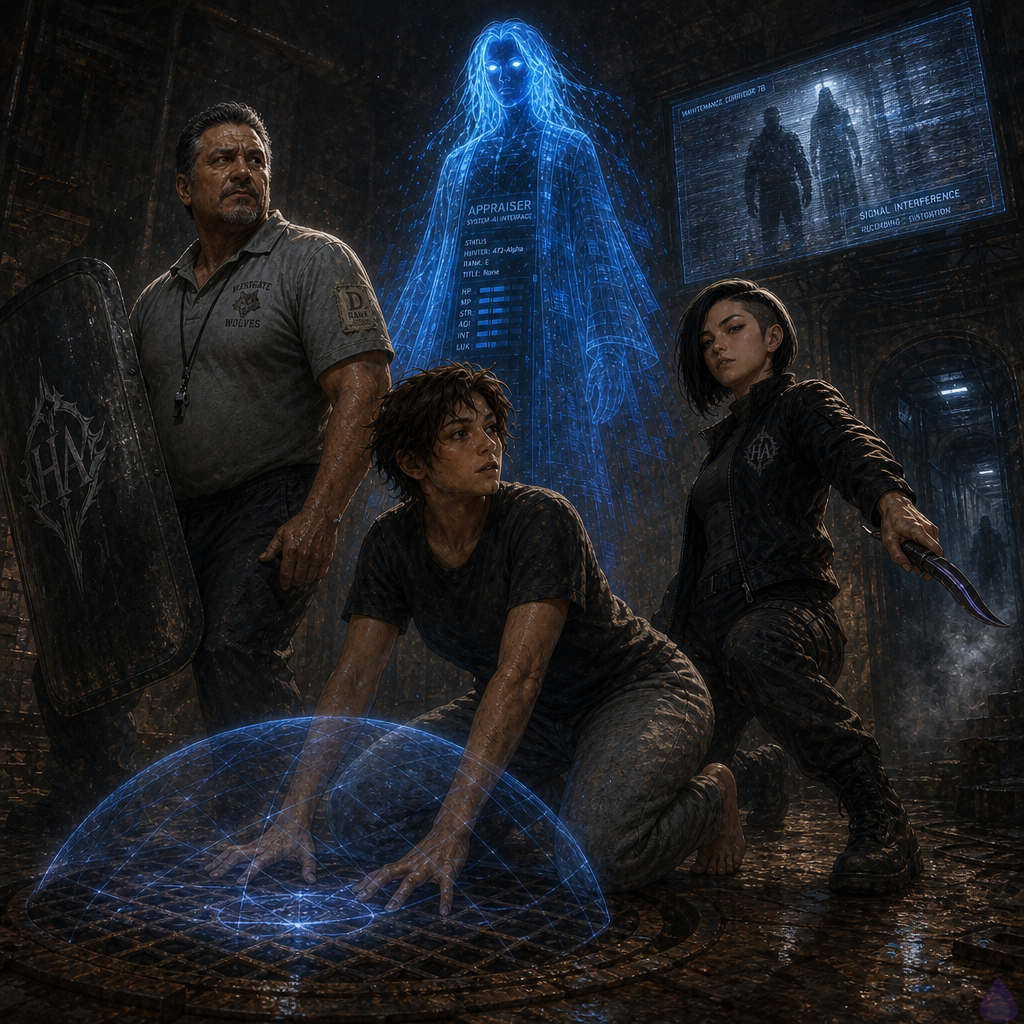A tense underground maintenance chamber beneath a school-like building, lit by a sickly flickering strip light and cold blue magical shield glow. The protagonist stands at a rusted hatch in the floor, both hands braced as a translucent blue barrier arches over the opening like a hard light lattice. Coach Mendez, a stocky middle-aged man in a faded coach polo with a blood-stained forearm, braces a shield beside the hatch. Sera Ito, a lean athletic woman with a black asymmetric undercut bob and a tactical jacket, stands alert with a dagger near a dark corridor lined with pipes and storage racks. Overhead, a translucent cyan holographic Appraiser flickers with clinical focus. The room feels damp, hidden, and dangerous, with a wall monitor showing static and a blurred figure in a distant maintenance hall. Mood: suspenseful, tactical, claustrophobic, supernatural. Lighting: cold blue shield light, harsh white strip light, deep shadows, metallic reflections. Body language: defensive, vigilant, tense teamwork, no overt contact. Emotion: rising dread mixed with hard-earned determination.