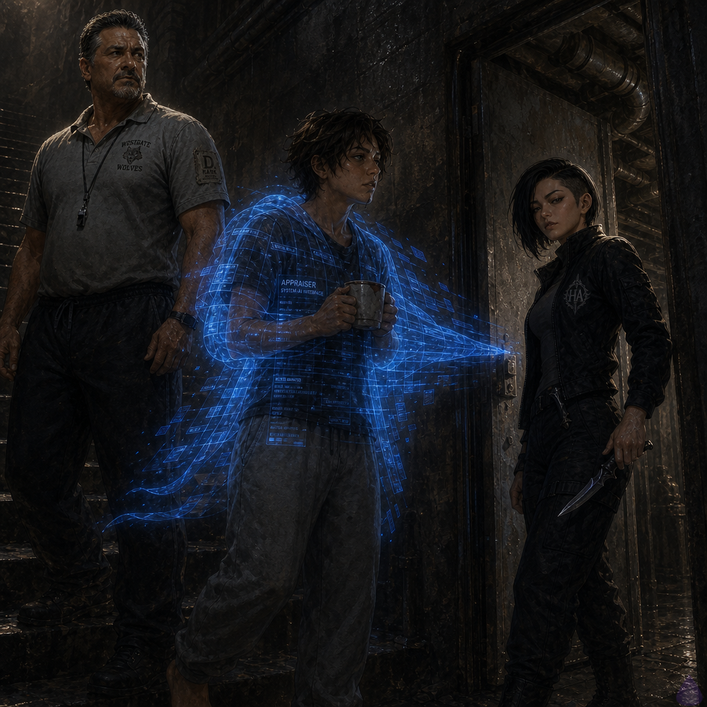 A tense fantasy-litRPG stairwell inside an apartment building converted into a dungeon-adjacent zone, lit by cold blue shield light and flickering sickly overhead bulbs. The protagonist stands at the bottom landing in casual clothes with a glowing translucent blue defensive aura wrapping their arms and torso, expression focused and unsettled. Beside them, Coach Mendez, a stocky middle-aged coach in a faded PE polo with a whistle and a bandaged forearm, braces with a dented shield. Slightly ahead, Sera Ito, a lean athletic young woman in a black tactical jacket, dark turtleneck, cargo pants, and combat boots, holds a dagger low and watches the dark corridor with calm intensity. The stairwell leads downward into a narrow maintenance passage with warped metal doors, damp concrete, exposed pipes, and a faint ominous blue glow spilling from below. The mood is suspenseful, protective, and supernatural, with the sense that the shield itself is guiding them into the darkness.