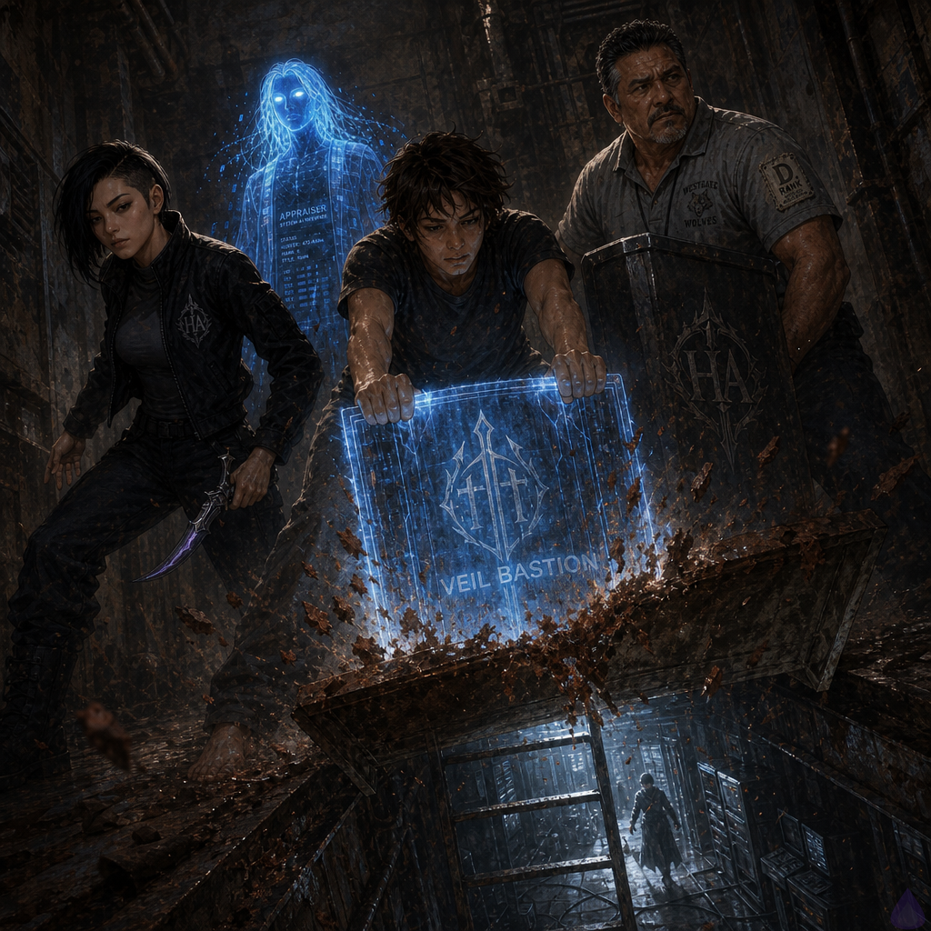 A tense fantasy LitRPG scene in a narrow underground maintenance corridor beneath Westgate, lit by cold white strip lights and the protagonist’s glowing blue Veil Bastion. The protagonist, a young adult androgynous hunter in faded charcoal t-shirt and gray sweatpants, braces with both hands as a rusted hatch bursts open, blue light spilling across wet concrete and rust flakes. Sera Ito, a lean Japanese-American striker in a black tactical jacket and cargo pants, stands at the hatch edge with dagger ready, sharply focused and alert. Coach Mendez, a stocky older sentinel in a faded coach polo with a patch on it, holds the corridor behind them with a battered shield, breathing hard but determined. The atmosphere is damp, industrial, and secretive, with cables, pipes, and a vertical drop into a hidden chamber below. The Veil Bastion shimmers like cold translucent armor around the protagonist’s arms and the hatch opening. The mood is suspenseful, investigative, and dangerous, with a sense of hidden depth and imminent confrontation.