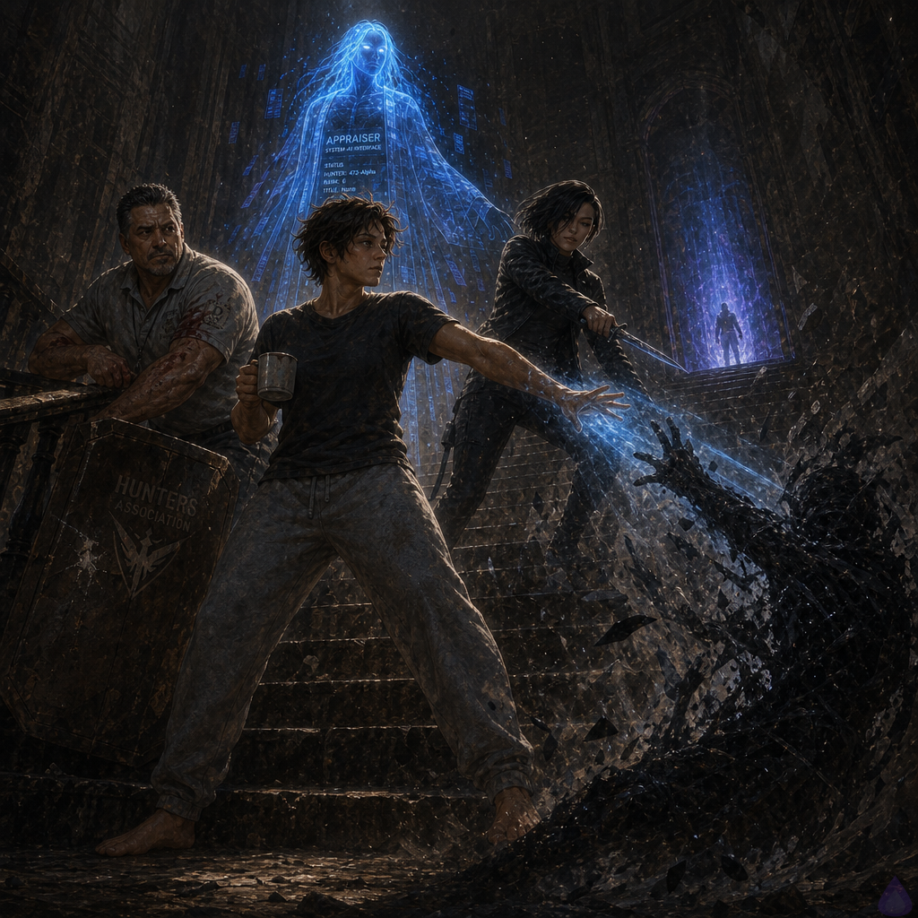 A tense apartment stairwell scene in a fantasy-lit modern dungeon setting, viewed from mid-landing. The protagonist stands alone on the stairs in faded charcoal t-shirt and sweatpants, blue magical shield light radiating from their forearms and chest, holding a cold, determined stance as a shadowy, jointed entity recoils in the lower stairwell. Coach Mendez, a stocky middle-aged man in a faded coach polo with a whistle, braces beside the stair rail with a dented shield and a bloodied forearm. Sera Ito, a lean athletic young woman with an asymmetric black undercut bob and tactical jacket, stands higher on the landing with a dagger ready, eyes focused and alert. The corridor is dim, smoky, and blue-lit by the shield and System glow, with cracked concrete, iron rails, drifting dust, and a faint holographic cyan Appraiser flickering in the background mirror-space. Mood is urgent, dangerous, and suspenseful, with strong contrast, motion in the entity’s distortion, and a sense of imminent escalation.