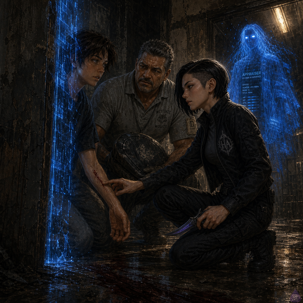 Interior apartment doorway at night, blue magical barrier glowing in a tight lattice around the doorframe, young tawny-skinned protagonist in faded charcoal t-shirt and gray sweatpants partially visible at the threshold, tense and exhausted, looking first toward a stocky middle-aged coach in a faded school polo with a minor forearm slash, then toward a lean B-rank female striker with black asymmetric undercut bob in tactical jacket kneeling beside him, both in the corridor under harsh emergency lighting, eerie cyan system hologram flickering in a mirror, ominous hallway with dark drag mark on the floor, mood of urgent containment, protective teamwork, and rising threat, cinematic fantasy-litrpg style, detailed expressions, blue and yellow mixed lighting, no explicit gore