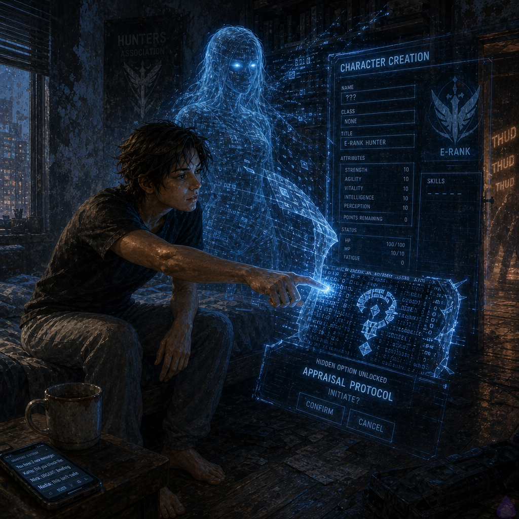 A young adult newly awakened hunter sits on the edge of a messy apartment bed in dim evening light, holding a cold coffee mug set aside beside them. A translucent blue character-selection interface glows in the room, with a hidden fifth slot expanding into layered cyan code and a question-mark-like sigil. The protagonist has sleep-mussed dark chestnut hair, hazel-brown eyes, warm tawny beige skin, and a soft-athletic build, wearing a faded charcoal t-shirt and heather-gray sweatpants. A genderless holographic Appraiser flickers beside the mirror as a translucent blue humanoid figure with glowing white-blue eyes and floating code-like hair. The mood is tense, mysterious, and intimate with rising danger. Blue light washes over the bed, walls, and the protagonist’s hands. In the background, a smartphone on the nightstand glows with missed messages, and the apartment door hallway feels ominously close. Cinematic fantasy-LitRPG atmosphere, sharp interface glow, suspenseful body language, unresolved discovery.