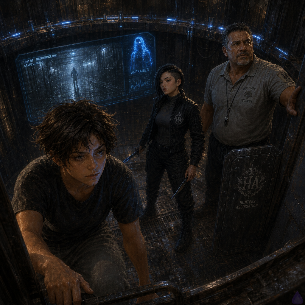 A tense underground maintenance chamber beneath a city building, lit by cold blue emergency strips and a flickering monitor. The protagonist, an androgynous young adult with hazel eyes and a soft-athletic build, descends a rusted hatch ladder first, wrapped in a glowing blue defensive aura that clings like a shield. Above and behind them, a lean athletic woman with a black asymmetric undercut bob and tactical jacket watches alertly with a dagger ready, while a stocky middle-aged coach in a faded sports polo braces at the hatch with a battered shield, protective and grim. The room below contains old transit coils, open consoles, cables, industrial storage racks, and signs of unauthorized use. The mood is ominous and investigative, with damp concrete, metallic surfaces, blue-white lighting, and a sense of hidden danger. A monitor on the wall shows static resolving into a shadowy figure at the end of a long corridor, creating a suspenseful cliffhanger.