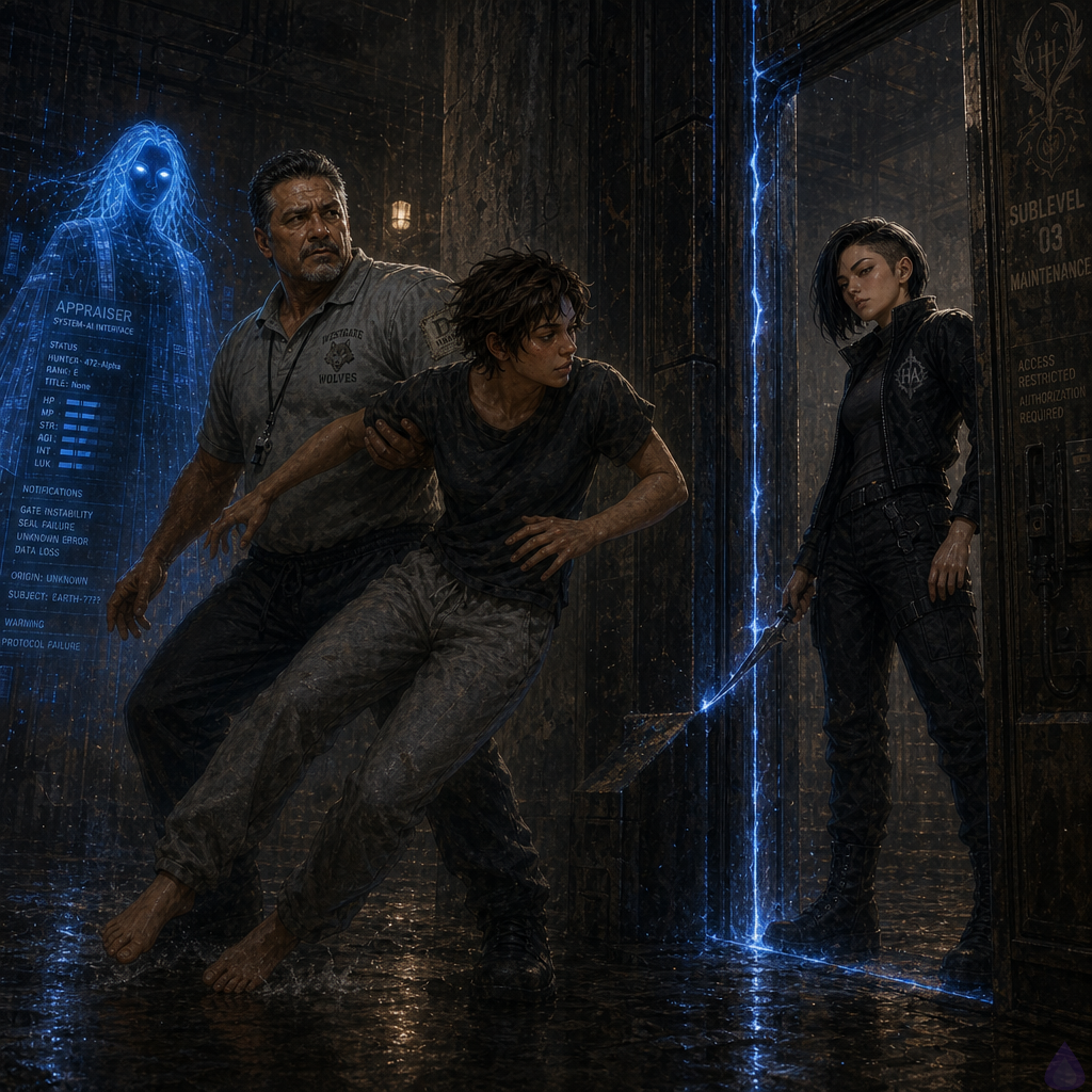 A tense underground maintenance sublevel beneath a city dungeon, lit by a single failing bulb and cold blue magical glow. The protagonist in a faded charcoal t-shirt and sweatpants staggers back from a black metal transit frame as blue-white static erupts from a narrow seam in the air, showing a failed attempt to step through. Coach Mendez, a stocky middle-aged coach in a faded PE polo with a whistle, braces them upright protectively. Sera Ito, a lean athletic woman with a jet-black asymmetric undercut bob and a matte black tactical jacket, stands beside the frame with dagger raised, staring at the crack in the metal with intense focus. The Appraiser appears as a translucent cyan hologram in the corner, flickering with data. The atmosphere is damp, industrial, and ominous, with wet concrete, cables, rust, and a sense of hidden danger beneath the building.