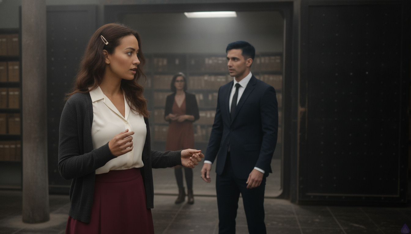 Inside a cold lower archive vault beneath an elite records building, Katlyn stands near an open black metal vault door while Alistair Rhyne looks at her with stunned, softened attention. Katlyn has deep chestnut brown mid-back loose waves pinned on one side with a small brass hairclip, hazel green eyes with amber flecks, warm honey skin, a cream silk blouse tucked into a burgundy midi skirt, charcoal cardigan, ankle boots, and ink-stained fingertips; she appears determined and emotionally steady. Alistair has blue-black short precisely side-parted hair, steel gray eyes, cool olive-tan skin, broad shoulders, a navy suit, white shirt, black tie, polished shoes, a silver signet ring, and a narrow scar across his right palm; he looks exhausted, vulnerable, and deeply focused on Katlyn. Maribel Saye stands near the vault panel in a rust wrap dress and black blazer, tortoiseshell glasses, silver-threaded bob, and turquoise pendant, alert and protective. The vault interior contains stacked archive boxes, a metal table with ledgers and evidence, harsh industrial lighting, and a sense of imminent confrontation. The mood is tense, intimate, and high-stakes, with cold air, alarm tension, and the door opening to security in the corridor beyond.