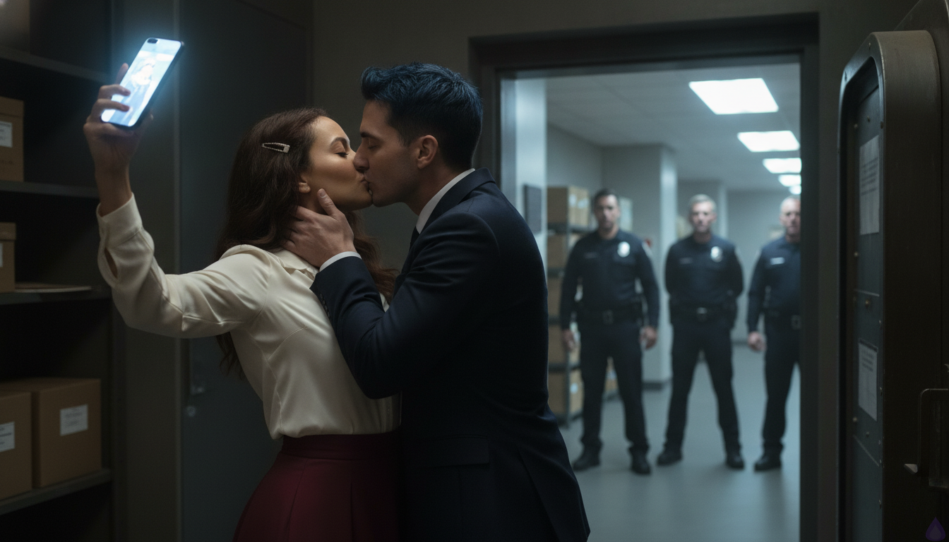 A tense, cinematic romance scene inside a dim lower archive vault and open doorway, with Katlyn kissing Alistair Rhyne deeply in the moment of confrontation. Katlyn is a late-twenties woman with warm honey skin, hazel green eyes with amber flecks, deep chestnut-brown mid-back loose waves pinned on one side with a small brass hairclip, a crescent scar beneath her left eyebrow, ink-stained fingertips, wearing a cream silk blouse, burgundy midi skirt, charcoal cardigan, and ankle boots. Alistair is a tall, broad-shouldered man in his early thirties with blue-black short side-parted hair, steel gray eyes, cool olive-tan skin, a faint dimple in his left cheek, a silver signet ring, and a narrow scar across his right palm, dressed in a midnight-navy tailored suit, white dress shirt, black silk tie, and polished oxford shoes. His hands are at Katlyn’s waist and jaw as he kisses her back. Maribel Saye stands beside them, early forties, rich umber skin, dark espresso-brown bob with silver threads, dark brown eyes behind tortoiseshell glasses, rust wrap dress and black blazer, holding a black evidence case with sharp protective posture. The vault door is open, cold corridor light floods in, security officers and an older authoritative man resembling Alistair’s father stand in the doorway stunned. Visible archive shelves, a metal table with ledgers, surveillance cameras, red alarm lights, scattered papers, tense witness expressions. Mood: passionate, defiant, dangerous, intimate, high-stakes romance, dramatic lighting, realistic details, no nudity.