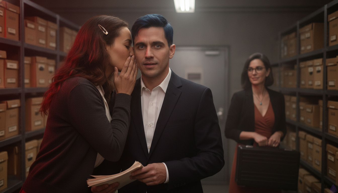 A tense romantic thriller scene inside a dim industrial archive vault, with Katlyn kissing Alistair Rhyne’s hand over his scarred palm while whispering in his ear. Katlyn is a feminine late-twenties woman with deep chestnut brown mid-back loose waves pinned on one side with a small brass bookish hairclip, hazel green eyes with amber flecks, warm honey skin, softly curvy hourglass figure, cream silk blouse, high-waisted burgundy midi skirt, charcoal cardigan, ankle boots, and a crescent scar beneath her left eyebrow. Alistair is a masculine early-thirties man with blue-black side-parted hair slightly tousled, steel gray eyes, cool olive-tan skin, broad shoulders, midnight-navy tailored suit, white dress shirt, black silk tie, polished shoes, silver signet ring, and a narrow scar across his right palm. Maribel Saye stands nearby in a rust wrap dress and black blazer with silver bob and tortoiseshell glasses, holding a black evidence case. The vault is lit by a harsh overhead lamp and alarm glow, with metal shelves, boxed records, a heavy sealed door, and dust in the air. The mood is intimate, high-stakes, and emotionally charged, with surprise and tenderness on Alistair’s face and determined confidence on Katlyn’s face.