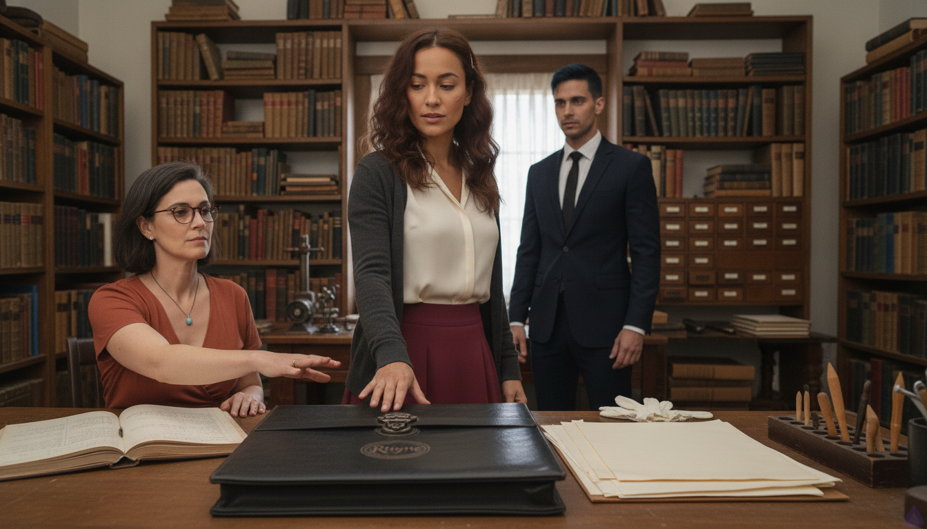 Inside a small, elegant archive office lined with restoration tools, books, and labeled drawers, Katlyn stands near a wooden desk with a shy but determined posture, her chestnut brown waves pinned on one side with a brass bookish hairclip, wearing a cream silk blouse, burgundy midi skirt, charcoal cardigan, and ankle boots. Maribel Saye stands beside the desk in a rust wrap dress and black blazer, sharp-eyed and protective behind tortoiseshell glasses. Alistair Rhyne stands opposite them in a midnight-navy tailored suit, white shirt, black silk tie, silver signet ring visible, one scarred hand resting on a chair back. A pale clerk hovers near a black portfolio stamped with the Rhyne crest. Warm late-afternoon light falls through tall archive windows, creating tense gold bands across the room. The mood is intimate, suspenseful, and emotionally charged, with all three main characters focused on a hidden document on the desk.