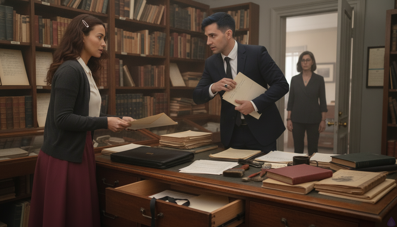 Inside a small private archive office at Bellweather Archive, Katlyn stands beside an open desk drawer holding a cream envelope and a folded ledger page, her chestnut waves pinned on one side with a brass hairclip, burgundy skirt and charcoal cardigan visible in warm amber light. Alistair Rhyne stands close across the desk in a midnight-navy tailored suit, reaching to take the paper with restrained tension, his steel-gray eyes fixed on Katlyn. The office is lined with restoration tools, old books, and neatly labeled brushes, with papers and a black portfolio on the desk. The mood is intimate, tense, and secretive, with a sense of imminent danger. Maribel Saye is outside the office door, visible only as a blurred presence through the glass or implied by the handle turning, suggesting interruption and urgency. Cinematic realism, rich textures, warm archive lighting, emotional body language, high-detail contemporary romance atmosphere.