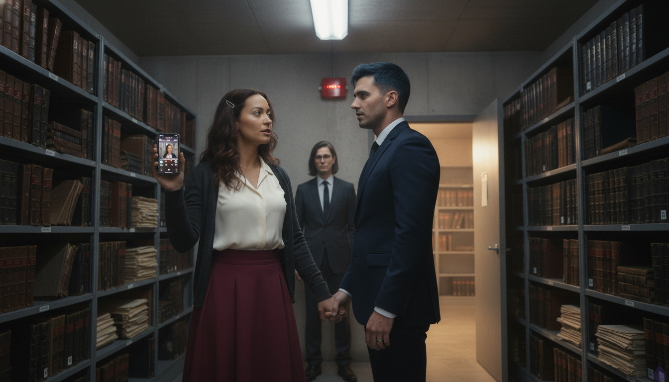 Cinematic tense romance scene inside a lower archive vault with concrete walls, metal shelving, harsh white utility lights, and an alarm panel glowing red. Katlyn, with deep chestnut loose waves pinned by a small brass hairclip, hazel green eyes, warm honey skin, cream silk blouse, burgundy midi skirt, and charcoal cardigan, is gripping Alistair Rhyne’s hand in front of his father. Katlyn looks resolute and emotional, mid-confession, with Alistair in a midnight-navy tailored suit, steel gray eyes, silver signet ring, and a scar across his right palm, staring at her with stunned tenderness. His father stands in the doorway in a dark suit, tense and outraged, while Maribel Saye, in a rust wrap dress and black blazer with round tortoiseshell glasses and turquoise pendant, holds a black evidence case nearby. The atmosphere is dramatic, exposed, and intimate, with the handclasp central in frame and corridor light spilling in from the open vault door.