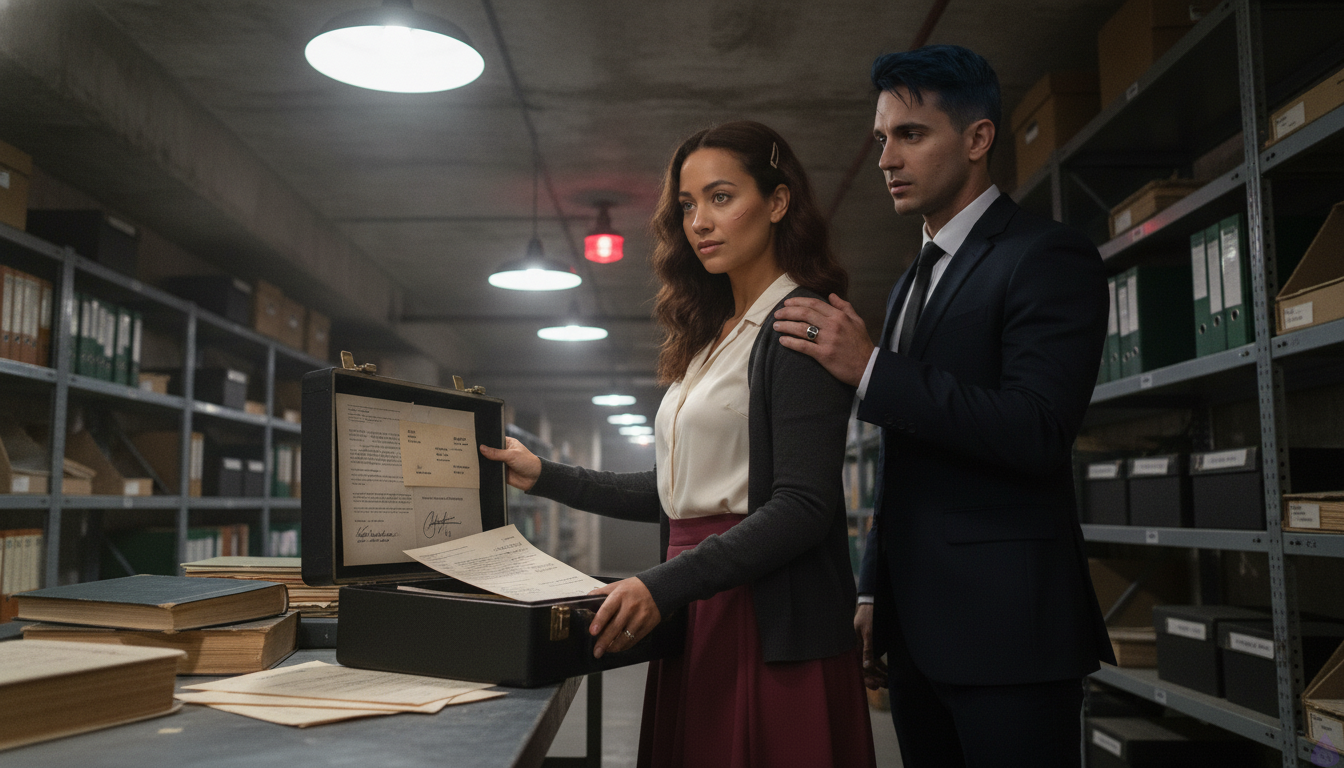 A tense underground archive vault lit by harsh white utility lamps, with Katlyn in a cream silk blouse, burgundy midi skirt, charcoal cardigan, and brass hairclip holding a black evidence case beside a metal table stacked with ledgers and transfer sheets. Alistair Rhyne stands close at her side in a midnight-navy tailored suit, looking exhausted but focused, his steel-gray eyes fixed on the evidence while his silver signet ring catches the light. Maribel Saye, in a rust wrap dress and black blazer with tortoiseshell glasses and turquoise pendant, hovers protectively near the table. A maintenance worker in a gray coat and a pale clerk stand tense and frightened near shelves of boxed records. The hidden archive figure in a gray coat and staff badge is caught in surprise by the alarm. Dust hangs in the air, the vault alarm flashes red, and the mood is claustrophobic, urgent, and emotionally charged, with strong romantic tension between Katlyn and Alistair.