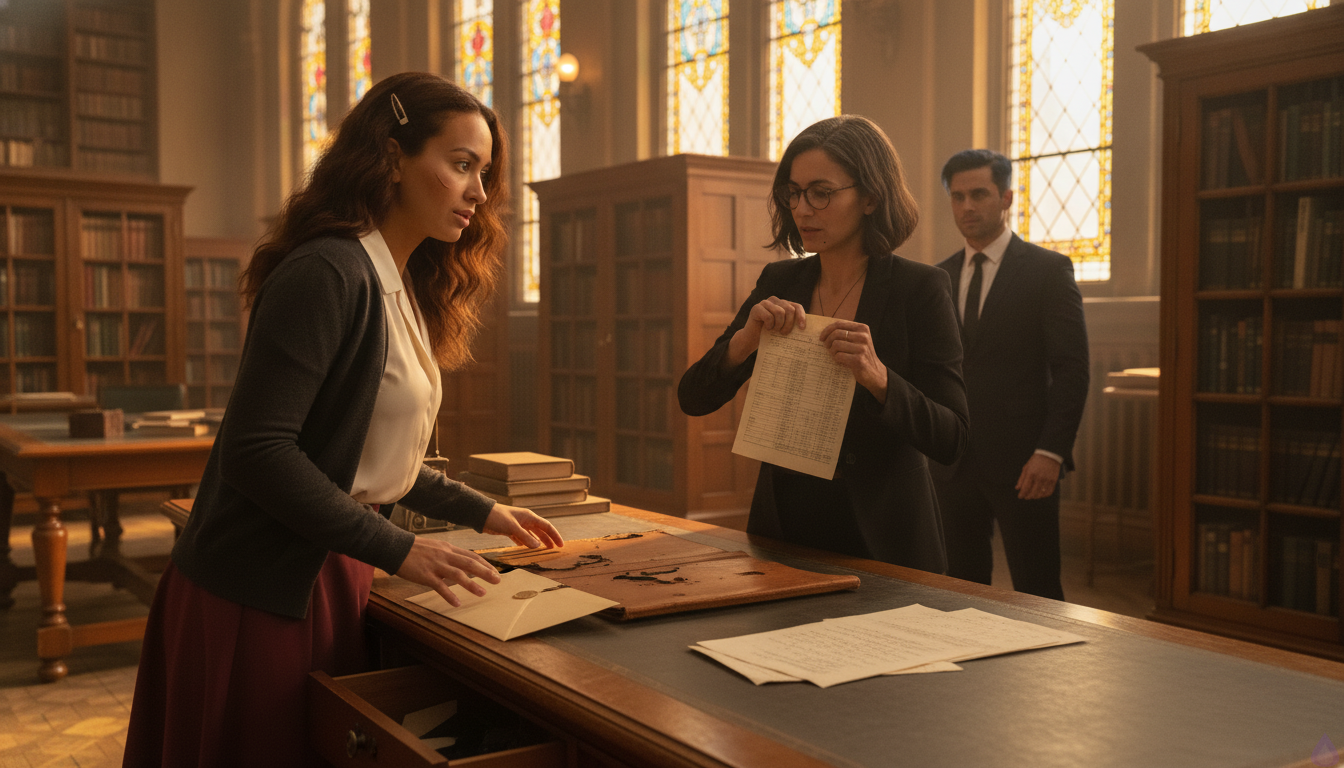 Cinematic literary romance scene inside the Bellweather Archive, late afternoon amber light streaming through stained glass windows and casting warm bands across tall shelves, wooden tables, and locked cabinets. Katlyn stands at a conservation desk in a cream silk blouse, burgundy midi skirt, charcoal cardigan, and ankle boots, her chestnut brown wavy hair pinned to one side with a brass hairclip, hazel green eyes wide with tension, ink-stained fingers holding a cream envelope and a ledger page. Beside her, Maribel Saye in a rust wrap dress and cropped black blazer holds a document close to her chest, expression sharp and protective, tortoiseshell glasses catching the light. In the background through a glass partition, Alistair Rhyne stands in a midnight-navy suit with a silver signet ring, broad-shouldered and still, his steel-gray eyes meeting Katlyn’s across the room with tired intensity. Atmosphere of secrecy, danger, and immediate emotional tension, refined archive aesthetic, realistic faces, detailed hands, warm highlights against cool shadows.