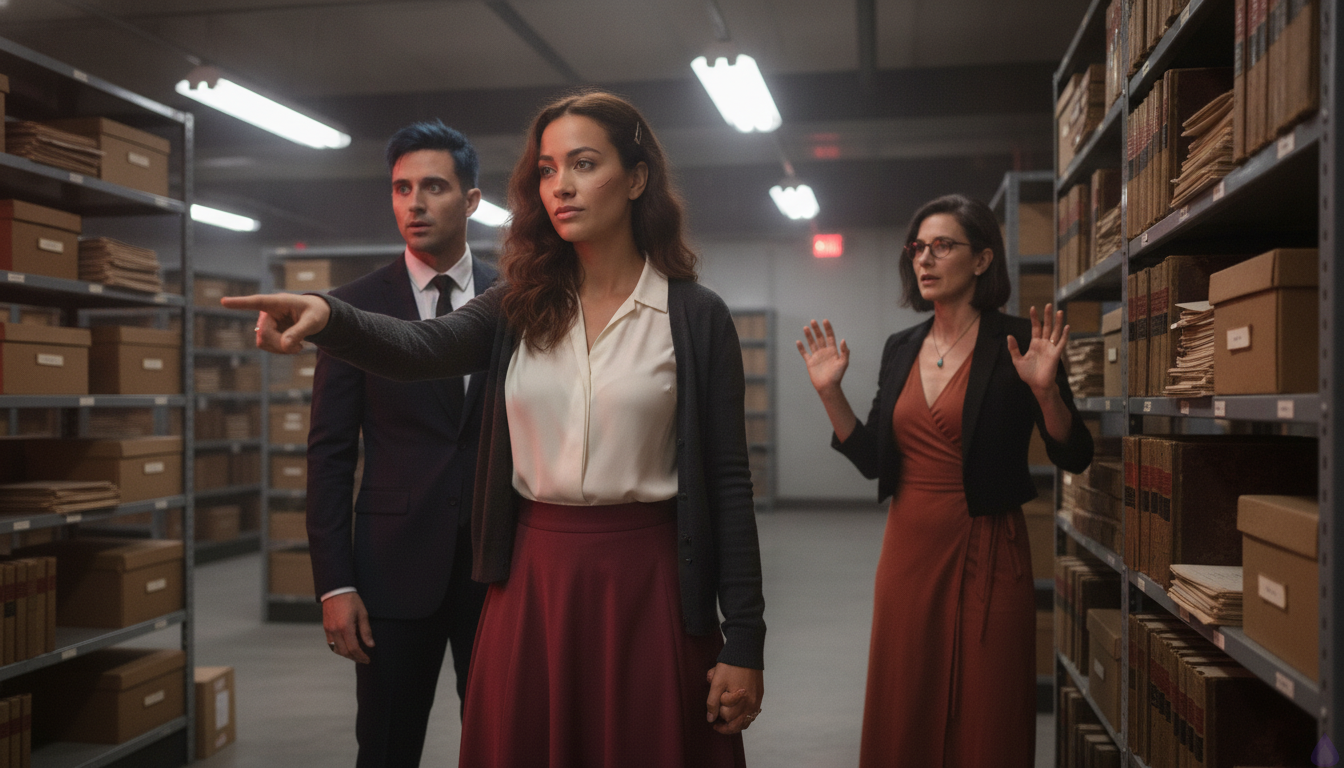 A tense lower archive vault inside an old elite records building, lit by harsh industrial overhead lamps and flashing alarm lights. Katlyn, a late-twenties woman with warm honey skin, hazel-green eyes, deep chestnut waves pinned with a brass bookish hairclip, a cream silk blouse, burgundy midi skirt, charcoal cardigan, and ankle boots, stands close to Alistair Rhyne while holding his hand. Alistair is a tall, broad-shouldered man in a midnight-navy tailored suit with steel-gray eyes, blue-black side-parted hair, a silver signet ring, and a narrow scar across his right palm. Their body language is intense and intimate, with Katlyn protective and resolute, and Alistair stunned but focused. Maribel Saye, an elegant woman with an espresso-brown silver-streaked bob, tortoiseshell glasses, rust wrap dress, and turquoise pendant, stands near an open ledger and a black evidence case, sharp and alert. A pale shaken clerk and a gray-coated hidden archive figure hover nearby. The heavy vault door is being forced from outside, dust falling from the ceiling, with rows of archive boxes and a metal evidence table crowded with copied records. Mood is high tension, romantic undercurrent, secret exposure, dramatic shadows, cinematic realism.