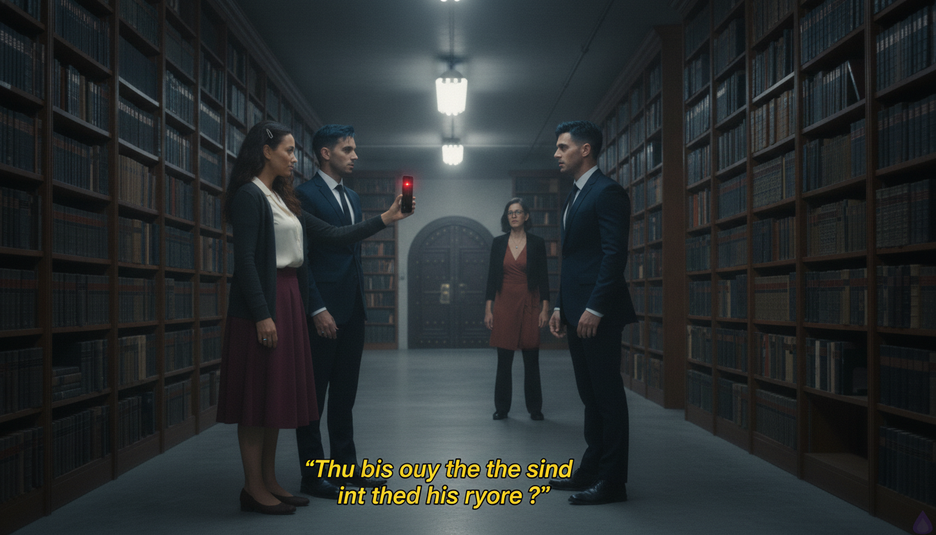A tense lower vault corridor inside an upscale archive, dramatic white utility lighting and flickering corridor light, Katlyn in cream silk blouse, burgundy midi skirt, charcoal cardigan, and brass bookish hairclip standing with her phone raised, accusing Drake Rhyne in front of witnesses. Drake Rhyne in a dark suit looks shocked and cornered at the vault doorway. Alistair Rhyne stands beside Katlyn, holding close with protective intensity, his steel-gray eyes fixed on his father. Maribel Saye stands nearby with sharp, protective composure, holding evidence materials. The vault door behind them is cracked open with cold light and tension spilling out, security officers and a board liaison visible in the corridor, all faces tense. Mood is high-stakes, emotional, and confrontational, with a sense of public exposure and romantic alliance under pressure.
