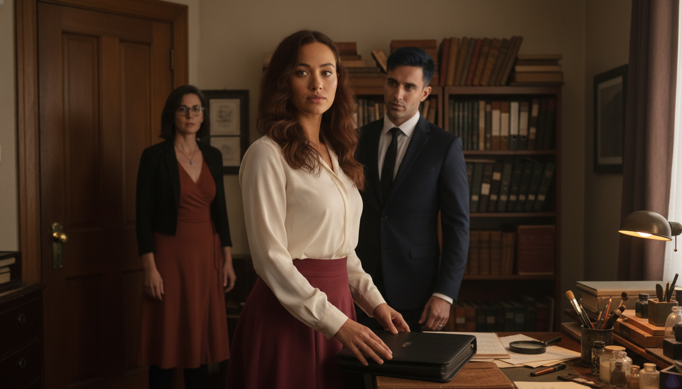 Inside a small dim archive office lined with restoration tools, old books, and paper files, Katlyn stands near her desk facing Alistair Rhyne with open but restrained emotion, her hazel-green eyes steady, chestnut waves pinned with a brass hairclip, cream blouse and burgundy skirt visible in amber light. She has just spoken with fierce honesty and compassion. Alistair, in a midnight-navy tailored suit, looks exhausted and moved, steel-gray eyes softened, one hand partly raised as if shaken by being understood. Maribel Saye stands at the side with a protective, incisive expression, rust wrap dress and black blazer, holding papers and watching the office door. The mood is intimate, tense, and unresolved, with warm amber light from the hall and a sense of impending interruption at the office door.