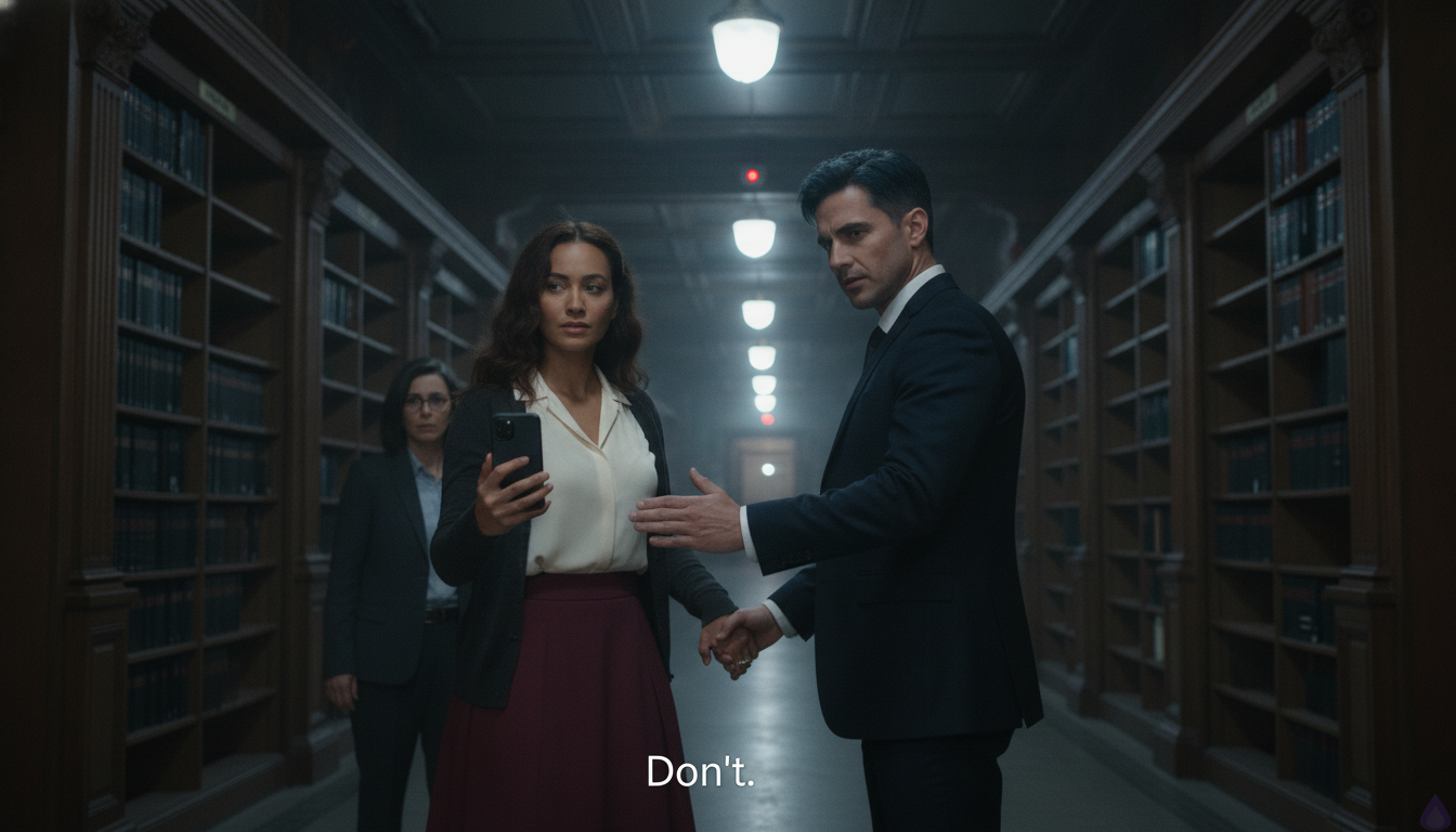 A tense, cinematic scene in the lower vault corridor of an elegant archive at night, lit by harsh industrial vault lights and flashing security indicators. Katlyn, a young woman with chestnut brown waves pinned with a brass clip, hazel green eyes, honey skin, and a burgundy midi skirt with cream blouse and charcoal cardigan, stands boldly in the foreground holding up a smartphone that is recording. She is confronting Drake Rhyne, a pale furious older man in a dark suit, while Alistair Rhyne, a broad-shouldered heir in a midnight-navy suit with blue-black hair and steel-gray eyes, stands protectively beside her with his hand clasped around hers. Maribel Saye, elegant and sharp in a rust wrap dress and black blazer with tortoiseshell glasses, holds an evidence case near the vault door. The vault behind them is half-open, revealing metal shelves and stacks of records. The atmosphere is electric with public exposure, scandal, and romantic tension, with security officers and a board liaison frozen in shock at the edge of the corridor.