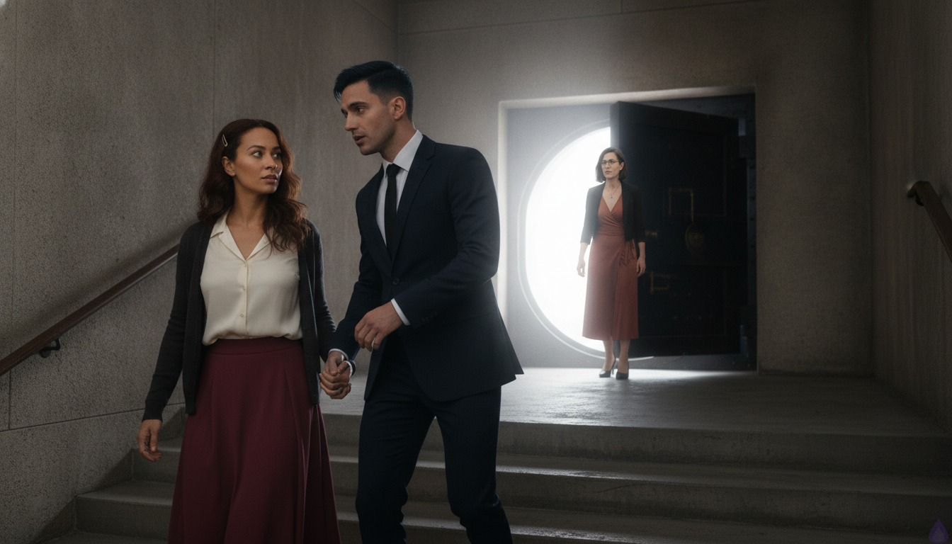 A tense romantic thriller scene in the dim stairwell of an old elite archive, with Katlyn holding Alistair Rhyne’s hand as they descend toward a locked lower vault. Katlyn is a late-twenties woman with warm honey skin, hazel green eyes with amber flecks, chestnut brown mid-back loose waves pinned on one side with a brass bookish hairclip, wearing a cream silk blouse tucked into a high-waisted burgundy midi skirt, charcoal cardigan, and ankle boots. Alistair is a tall, broad-shouldered man in a midnight-navy tailored suit, white dress shirt, black silk tie, silver signet ring, and blue-black side-parted hair slightly tousled, with steel gray eyes and a tired but protective expression. Maribel Saye stands ahead of them near the vault door, a composed older woman with an espresso-brown sleek blunt bob threaded with silver, tortoiseshell glasses, a rust wrap dress, cropped black blazer, burgundy flats, and a turquoise pendant, holding ledger papers and leading the way. The stairwell is cold and industrial, with concrete walls, brass access panel lights glowing amber and green, long shadows, and a heavy black vault door opening to a burst of harsh light from within. The mood is suspenseful, intimate, and dangerous, with emotional closeness, trust, and high-stakes tension emphasized through body language, handholding, and guarded readiness.