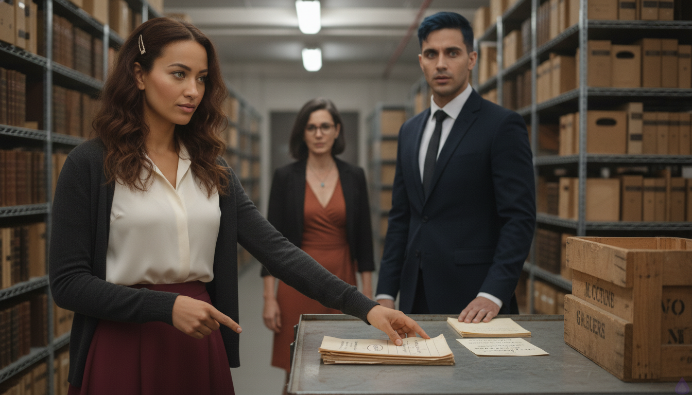 A tense lower vault beneath an elite archive, lit by a harsh utility lamp and emergency alarm glow. Katlyn, a resourceful young woman with chestnut brown wavy hair pinned on one side with a brass hairclip, hazel green eyes, honey skin, and ink-stained fingers, stands with fierce defiance, pointing toward Alistair Rhyne as she speaks. Alistair, a tall broad-shouldered man in a midnight-navy suit with steel gray eyes, blue-black side-parted hair, a silver signet ring, and a narrow scar across his right palm, looks stunned but deeply focused. Maribel Saye, elegant and sharp in a rust wrap dress and black blazer, stands beside Katlyn with protective intensity. Around them: stacked archive boxes, a metal table with open ledgers and copied documents, a black archive case, a pale clerk, a gray-coated maintenance worker, and a worried hidden archive figure near the corridor. The mood is charged, investigative, romantic tension simmering beneath the confrontation, with dust in the air and the vault alarm flashing red above.