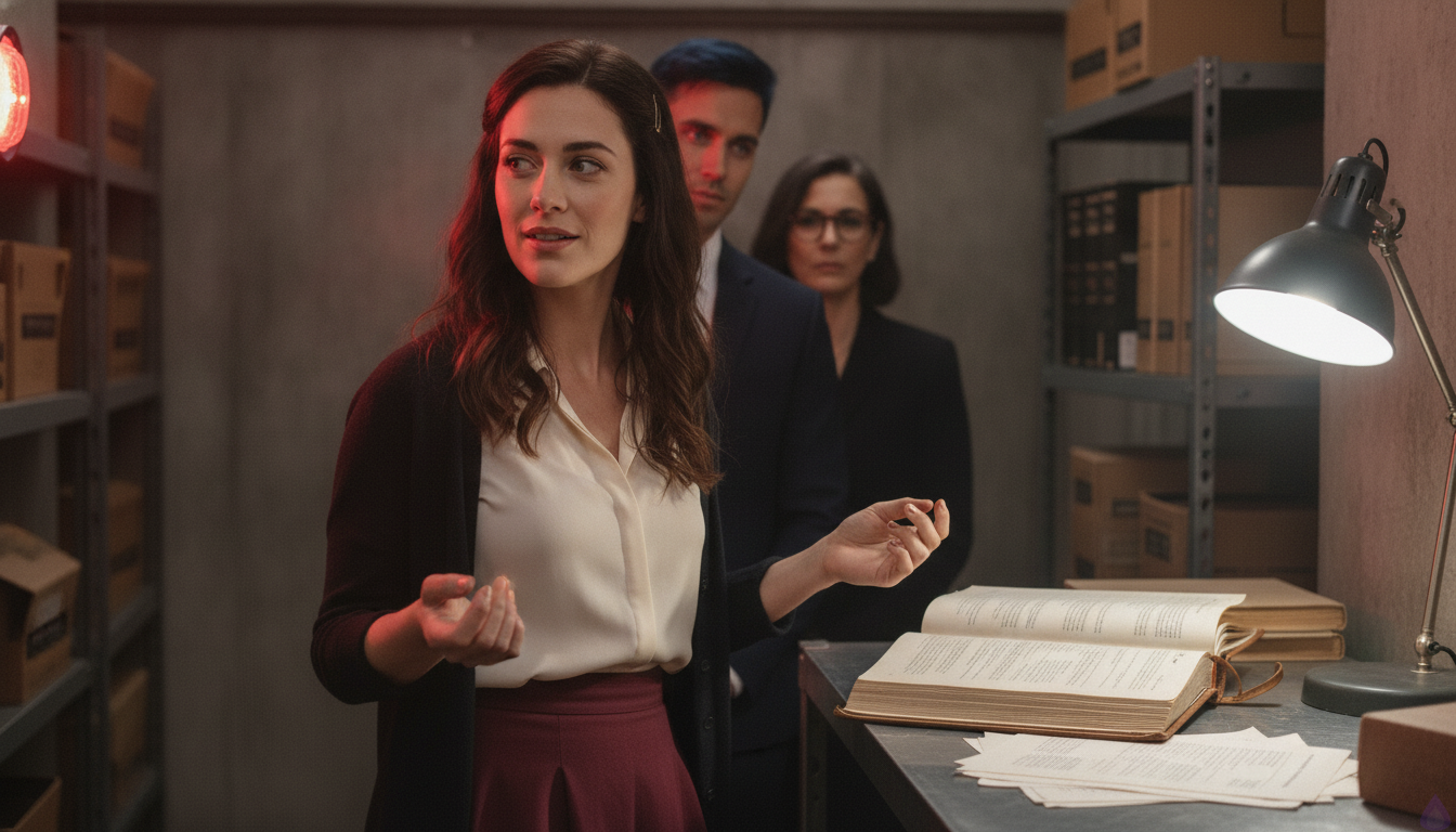 In a hidden archive vault below a grand building, Katlyn stands near a metal evidence table and confidently reveals that she has her own personal audio and video surveillance in the vault. She wears a cream silk blouse, high-waisted burgundy skirt, charcoal cardigan, and ankle boots, with chestnut brown loose waves pinned on one side by a small brass hairclip, hazel green eyes, warm honey skin, and ink-stained fingertips. She gives Alistair a slight knowing smile. Alistair Rhyne, tall and broad-shouldered in a midnight-navy tailored suit with a silver signet ring and blue-black side-parted hair, looks surprised but admiring. Maribel Saye stands nearby in a rust wrap dress and black blazer, glasses catching the light, sharp and protective. The lower vault is cold and industrial, with steel racks, a heavy ledger on the table, archive boxes, a harsh utility lamp, and ceiling cameras visible near the beams. A hidden figure in a gray coat looks alarmed in the background, while a maintenance worker and clerk react with fear. The atmosphere is tense, intelligent, and romantic, lit by hard white vault lighting and the red pulse of an alarm overhead.