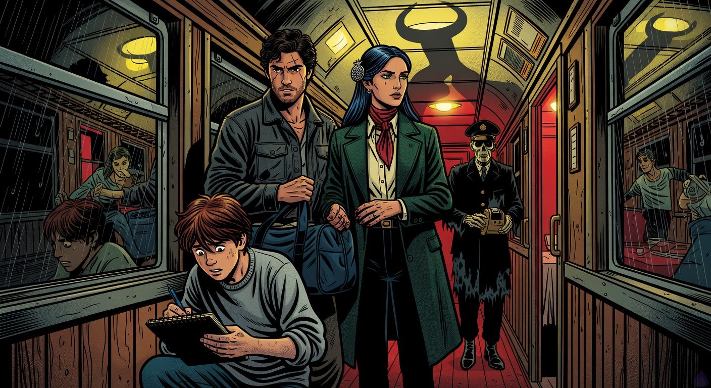 Cinematic supernatural thriller scene inside an old Balkan night train carriage, yellow flickering lights and red dining-car glow spilling through an open doorway. Francisco, a lean late-20s Argentinian man with dark wavy hair, olive-tan skin, stubble, eyebrow scar, charcoal jacket and navy duffel, stands tense beside Luljeta, an elegant Kosovar woman in a dark emerald wool coat, cream blouse, red silk scarf, blue-black hair pinned with a silver pomegranate clasp, gray-green eyes and a crescent birthmark under one eye. She is close to him protectively, one hand near his bag. Neriman, a narrow-shouldered preteen boy with messy chestnut hair, graphite-smudged hands, oversized gray sweater and black sketchbook, draws with a blue pen, frightened but determined. Bajram, a skeletal elderly conductor in a black uniform with tarnished brass buttons and a peaked cap, waits in the doorway with a brass ticket punch, his elongated hornlike shadow stretching across the ceiling. Dark train windows show impossible reflections of the characters already running through a mirror corridor. Mood eerie, intimate, suspenseful, rain-streaked glass, expressive body language, high contrast, atmospheric film still.