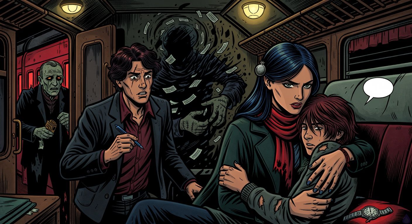 Cinematic supernatural horror scene inside an old night train compartment, yellow lamps flickering and red dining car light spilling through an open doorway. Francisco, a lean late-20s Argentinian man with dark wavy hair, eyebrow scar, charcoal jacket and burgundy shirt, grips a blue pen while staring in fear. Luljeta, elegant Kosovar woman in dark emerald wool coat, red scarf singed at the edge, blue-black hair pinned with a silver pomegranate clasp, cradles injured preteen Neriman in a protective embrace. Neriman has messy chestnut hair, gray sweater, red thread bracelet cutting into his wrist, clutching a cracked silver watch nearby. Bajram, skeletal elderly conductor in black uniform with brass punch, stands weeping in the doorway. Behind him looms a grotesque faceless conductor made of coal-darkness, ticket stubs, and stitched paper gloves. Mood tense, eerie, emotional, gothic railway horror, dramatic shadows, tasteful PG-13 intensity, no gore.