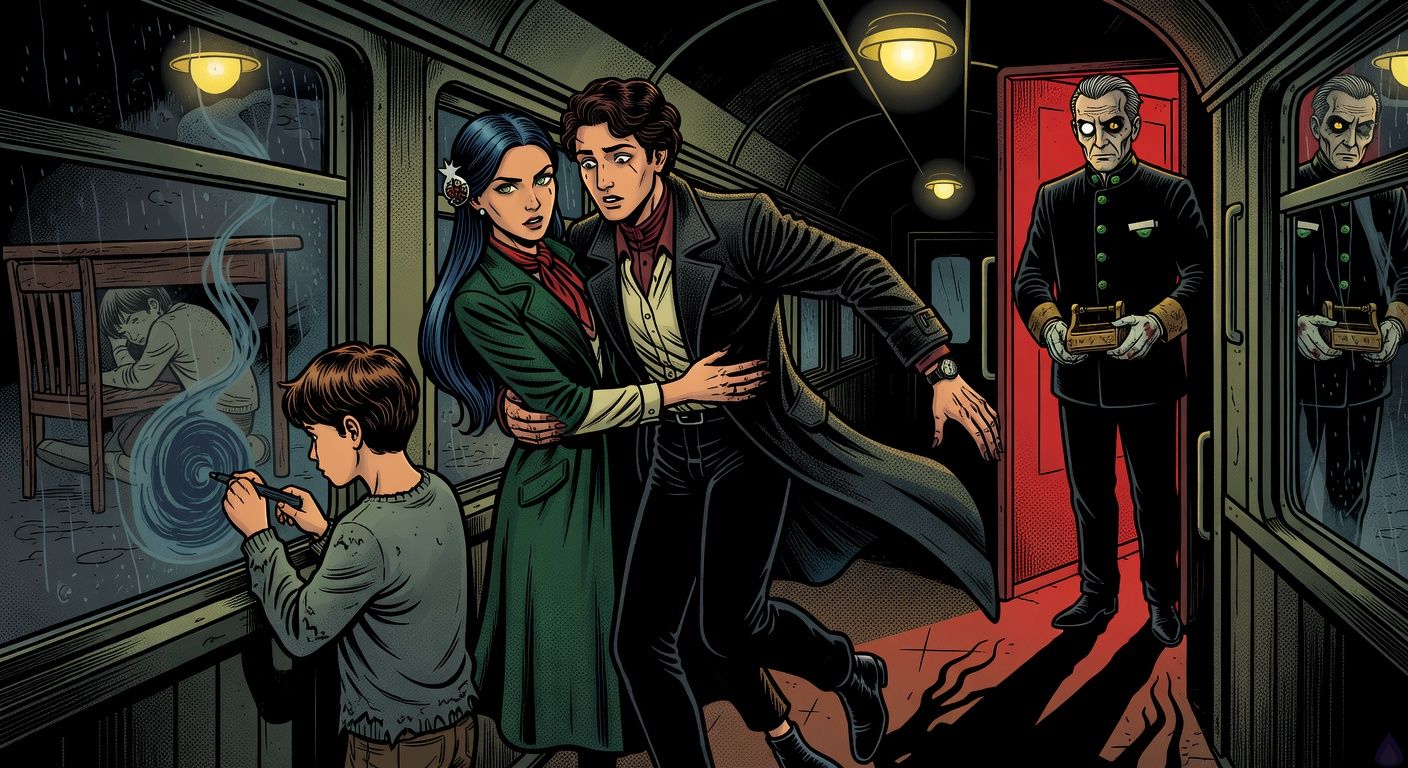 Cinematic supernatural thriller scene inside an old Balkan night train carriage with yellow flickering lights and red glow from a dining car doorway. Francisco, a lean late-20s Argentine man with dark wavy hair, eyebrow scar, charcoal jacket, burgundy shirt, and cracked silver watch, staggers in the aisle as a haunting tango triggers a childhood memory. Luljeta, an elegant Kosovar woman in an emerald wool coat, red silk scarf, blue-black hair pinned with a silver pomegranate clasp, holds him protectively with intense gray-green eyes. Neriman, a narrow-shouldered preteen boy in a frayed gray sweater, draws a smoking blue ink circle on the dark train window, where the ghostly reflection of young Francisco under a kitchen table appears. Bajram Hoxha, a skeletal elderly conductor in black uniform with tarnished brass buttons and white stained gloves, stands menacingly in the red-lit doorway with an antique brass ticket punch. Mood eerie, intimate, suspenseful, rain-streaked windows, reflections distorted, noir horror atmosphere, tasteful emotional closeness, no gore.