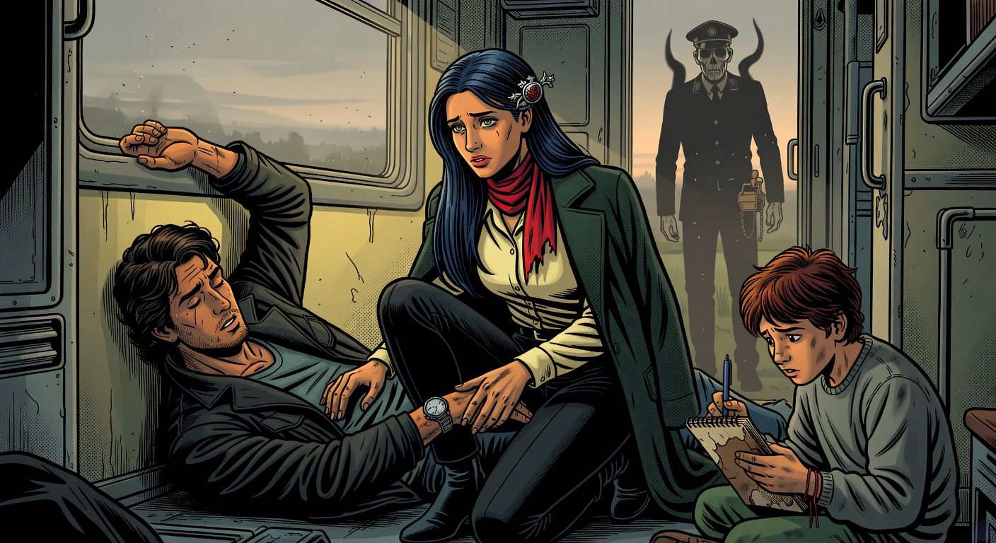 Cinematic supernatural horror scene inside an old Balkan train compartment at dawn. A lean late-20s Argentinian man with dark wavy hair, olive-tan skin, eyebrow scar, stubble, charcoal jacket and cracked silver watch lies on the cold floor waking from a nightmare. Beside him kneels a graceful Kosovar woman in her early 30s with blue-black hair pinned low by a silver pomegranate clasp, pale gray-green eyes, emerald wool coat, cream blouse, black trousers, and a red silk scarf singed at one edge, holding his wrist protectively with a worried sensual gaze. A small preteen boy with messy chestnut hair, tawny skin, oversized gray sweater, red thread bracelet, and graphite-smudged hands sits shivering nearby clutching a blue pen and battered sketchbook. In the far doorway stands a tall skeletal elderly conductor in a black uniform and peaked cap, brass ticket punch on a chain, his hornlike shadow fading in gray-gold sunlight. Misty fields pass outside the windows, warm dawn light cutting through eerie yellow train interior, tense intimate protective mood, no gore, atmospheric, film still composition.