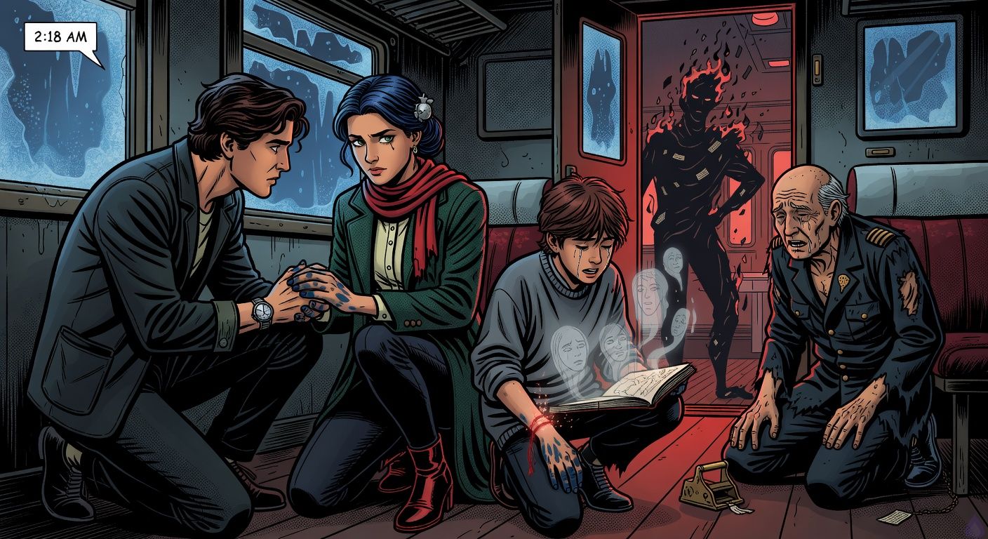 Cinematic supernatural thriller scene inside an old European train compartment at 2:18 AM, blue frost on windows, red dining car light spilling from an open doorway. Francisco, a lean late-20s Argentinian man with dark wavy hair, eyebrow scar, stubble, charcoal jacket and cracked silver watch, kneels with Luljeta and Neriman over a glowing opened envelope ledger. Luljeta is an elegant Kosovar woman in a dark emerald wool coat, red scarf singed at the edge, blue-black hair pinned with a silver pomegranate clasp, pale gray-green eyes intense, one hand intertwined with Francisco's in protective resolve. Neriman, a narrow-shouldered preteen boy with messy chestnut hair, oversized gray sweater, blue ink-stained hands and a loosened red thread bracelet unraveling into sparks, cries out as ghostly drawn faces rise from his sketchbook into soft dawnlike light. Bajram, a skeletal elderly conductor in torn black uniform, kneels beside them weeping, brass punch fallen harmlessly nearby, chain breaking at his throat. Behind him, a faceless Old Conductor made of coal shadow and burning ticket fragments recoils in the doorway. Mood tense, emotional, eerie, hopeful, dramatic chiaroscuro lighting, tasteful intimate connection through clasped hands, no gore.