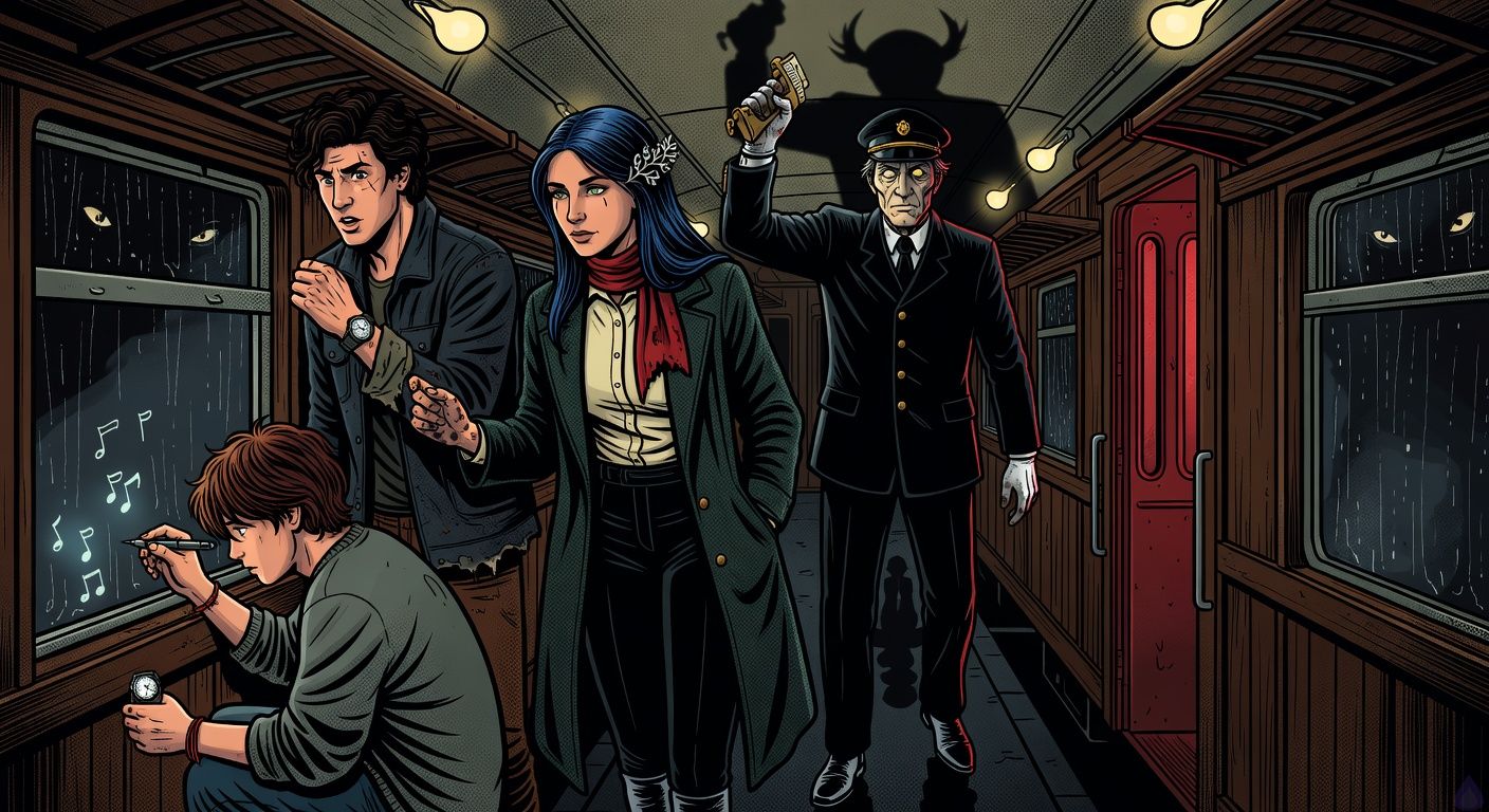 Cinematic supernatural thriller scene inside an old night train compartment, yellow flickering lights and red glow from a dining car doorway. Francisco, a lean late-20s Argentinian man with dark wavy hair, eyebrow scar, charcoal jacket and cracked silver watch, hums defiantly while standing beside Luljeta, an elegant Kosovar woman in a dark emerald wool coat with blue-black hair pinned by a silver pomegranate clasp, pale gray-green eyes, red scarf singed at the edge, her hand brushing his in protective intimacy. A mute preteen boy, Neriman, crouches by the window with messy chestnut hair, oversized gray sweater, red thread bracelet, drawing glowing crooked blue music notes on the glass with a pen while holding a cracked watch. Bajram Hoxha, a skeletal elderly conductor in a black uniform with tarnished brass buttons and white gloves, raises an antique brass ticket punch, his hornlike shadow jittering on the ceiling. The floor beneath Bajram reflects an impossible dark platform and a faceless older conductor. Mood tense, eerie, romantic undertone of trust, dramatic chiaroscuro lighting, rain-dark windows with watching eyes outside, tasteful cinematic composition.