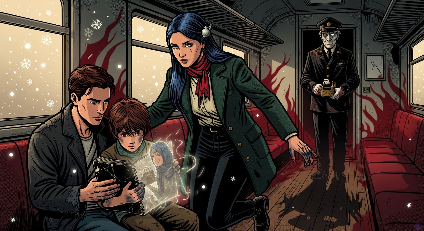 Cinematic supernatural thriller scene inside an old European train compartment at dawn. Francisco, a lean Argentinian man in a charcoal travel jacket with a cracked silver watch, kneels beside a mute preteen boy with messy chestnut hair, graphite and blue ink on his hands, clutching a battered black sketchbook. Luljeta Krasniqi, an elegant Kosovar woman in a dark emerald wool coat and red scarf with a singed edge, stands protectively near them, pale gray-green eyes intense, blue-black hair pinned with a silver pomegranate clasp. At the far doorway stands Bajram Hoxha, a tall skeletal elderly conductor in a black uniform with tarnished brass buttons, cloudy eye, white gloves, and an antique brass ticket punch. Snow from a ghostly memory falls inside the warm dawn-lit carriage, and a faint wartime platform with a woman in a blue headscarf glows in the sketchbook pages. Mood eerie, emotional, tense, with pale golden morning light fighting red supernatural shadows, intimate protective body language, no gore.