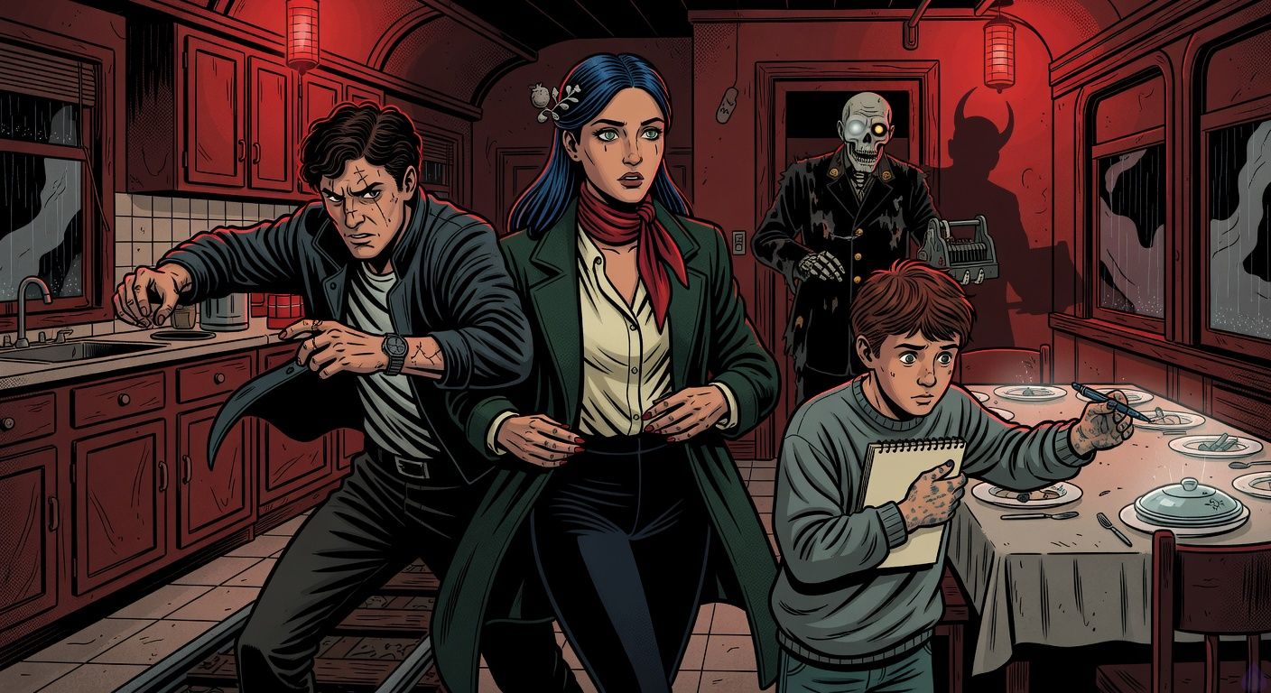 Cinematic supernatural horror scene inside a train-memory hybrid: an Argentine man in his late 20s with dark wavy hair, eyebrow scar, charcoal jacket and cracked silver watch stands in a distorted Buenos Aires kitchen that merges with an old red-lit dining car. A poised Kosovar woman in an emerald coat, red silk scarf, blue-black pinned hair with silver pomegranate clasp, and pale gray-green eyes stands protectively near him, her expression tense and intimate. A mute preteen boy with messy chestnut hair, oversized gray sweater, graphite and blue ink stained hands clutches a sketchbook and offers a blue pen. In the doorway looms a skeletal elderly conductor in a black uniform with brass buttons, cloudy eye, amber gaze, antique ticket punch, and an unnaturally hornlike shadow. A table set for seven holds plates containing glowing memories, with a rattling silver-covered dish at the end. Mood: eerie, romantic tension, psychological horror, red lantern light, rain falling upward, smoky reflections, dramatic chiaroscuro, no gore.