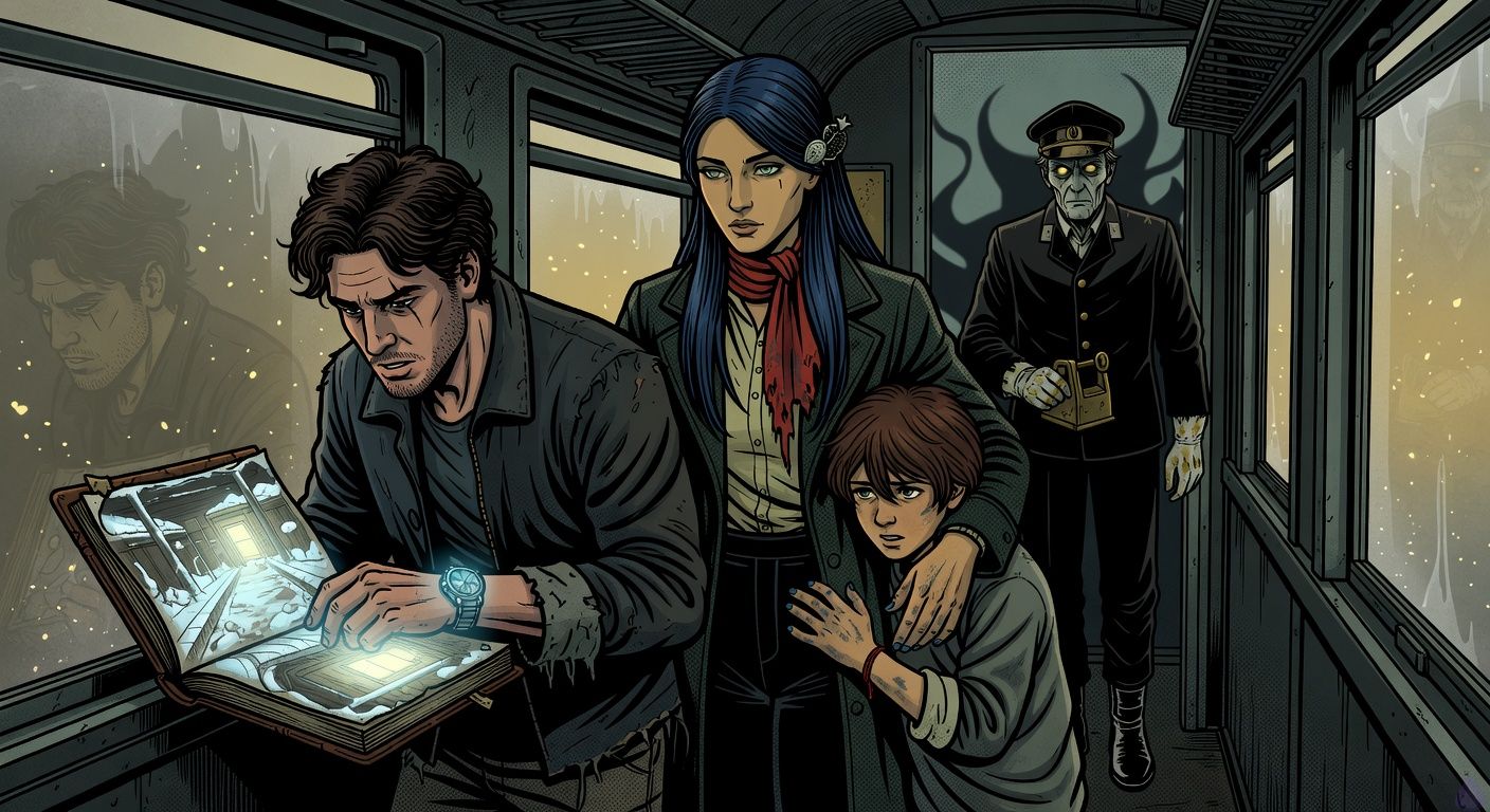 Cinematic supernatural horror inside an old European train compartment at dawn, gray-gold light cutting through misted windows, Francisco a lean late-20s Argentinian man with dark wavy hair, eyebrow scar, stubble, charcoal jacket and cracked silver watch pressing the watch against a battered sketchbook. Luljeta Krasniqi, elegant Kosovar woman in a dark emerald wool coat with blue-black pinned hair, silver pomegranate clasp, pale gray-green eyes, crescent birthmark, and a singed red scarf, protectively shielding a frightened mute preteen boy, Neriman, with messy chestnut hair, oversized gray sweater, red thread bracelet, graphite and blue ink-stained hands. At the far doorway Bajram Hoxha, skeletal elderly conductor in black uniform and peaked cap, milky amber eyes, cloudy left eye, stained white gloves, grips an antique brass ticket punch while his hornlike shadow recoils. The sketchbook glows with blue ink showing a snowy old platform and a small bright door. Moody, tense, intimate, protective body language, eerie reflections in train windows, tasteful cinematic framing, no gore.