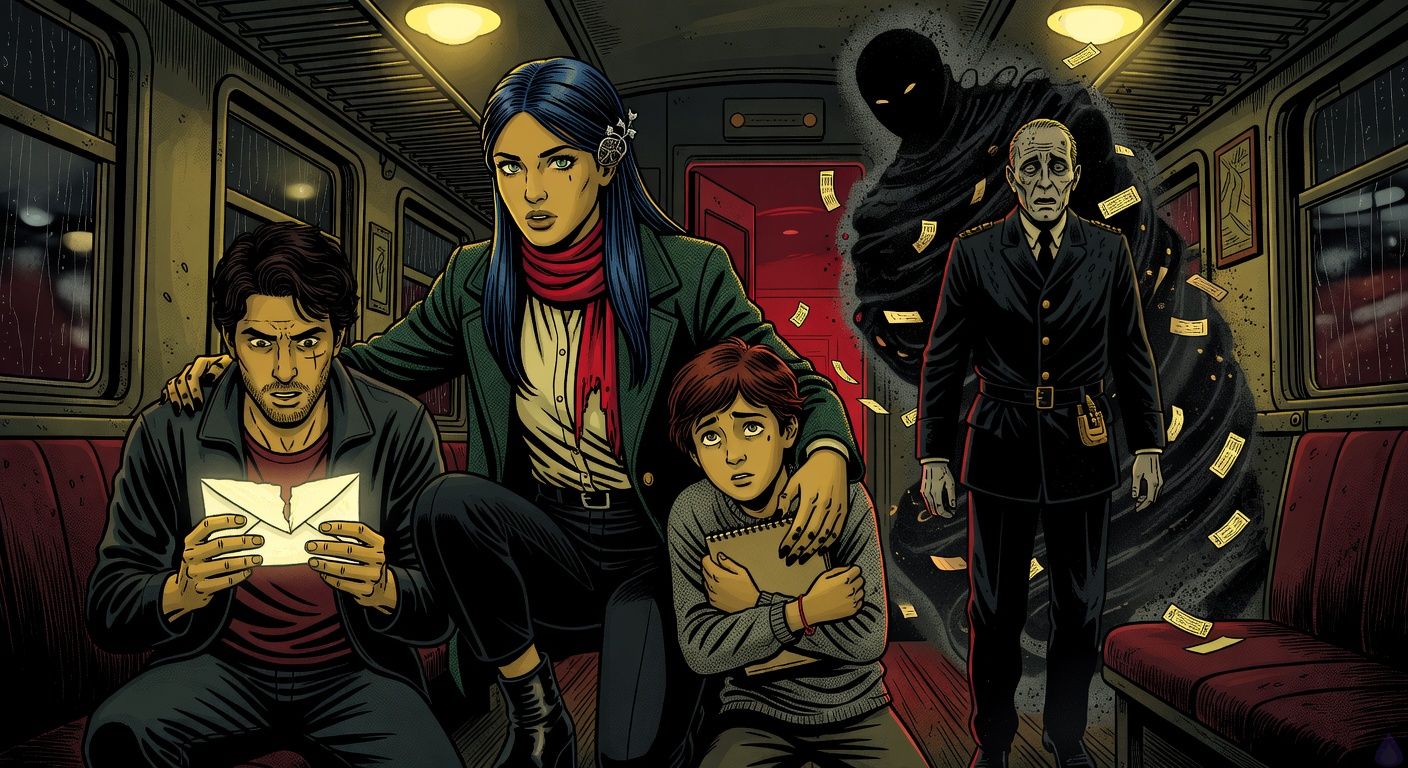 Cinematic supernatural horror scene inside an old European train compartment at 2 AM, yellow flickering lights and deep red glow from a dining car doorway. Francisco, a lean late-20s Argentinian man with dark wavy hair, eyebrow scar, stubble, charcoal jacket and burgundy shirt, kneels on the floor with a torn cream envelope glowing in his hands. Luljeta, an elegant Kosovar woman in a dark emerald wool coat with blue-black pinned hair, silver pomegranate hair clasp, pale gray-green eyes, red scarf singed at the edge, protectively holds a frightened preteen boy Neriman with messy chestnut hair, gray sweater, sketchbook, and a red thread bracelet. Bajram, a tall skeletal elderly conductor in a black uniform with tarnished brass buttons and a brass ticket punch, stands frozen in fear. Behind him looms a faceless grotesque Old Conductor made of darkness, ticket stubs, coal dust, and faint station lights. Mood tense, eerie, tragic, intimate protective body language, rain-dark windows, reflections distorted, no gore, painterly cinematic lighting.