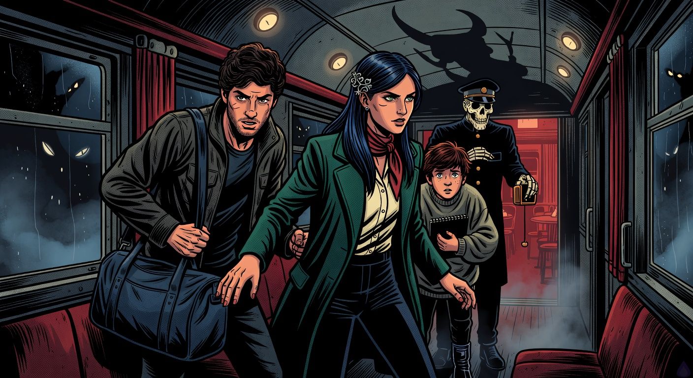Cinematic eerie train carriage at night, yellow overhead lights flickering, a lean young Argentinian man with dark wavy hair, stubble, eyebrow scar, charcoal jacket and navy duffel standing tense in the aisle beside a graceful Kosovar woman in a dark emerald wool coat, red silk scarf, blue-black hair pinned with a silver pomegranate clasp, her protective hand near his bag. A mute preteen boy with messy chestnut hair and an oversized gray sweater clutches a black sketchbook behind them. A skeletal elderly conductor in an old black uniform with tarnished brass buttons and a peaked cap stands nearby, brass ticket punch dangling, his elongated hornlike shadow stretching across the ceiling. The door to a red-lit dining car glows open in the background, tables faintly visible, mood suspenseful, intimate protective body language, gothic railway horror, rain-streaked windows showing darkness and distant eye-like lights, tasteful cinematic framing, high contrast, atmospheric fog and reflections.