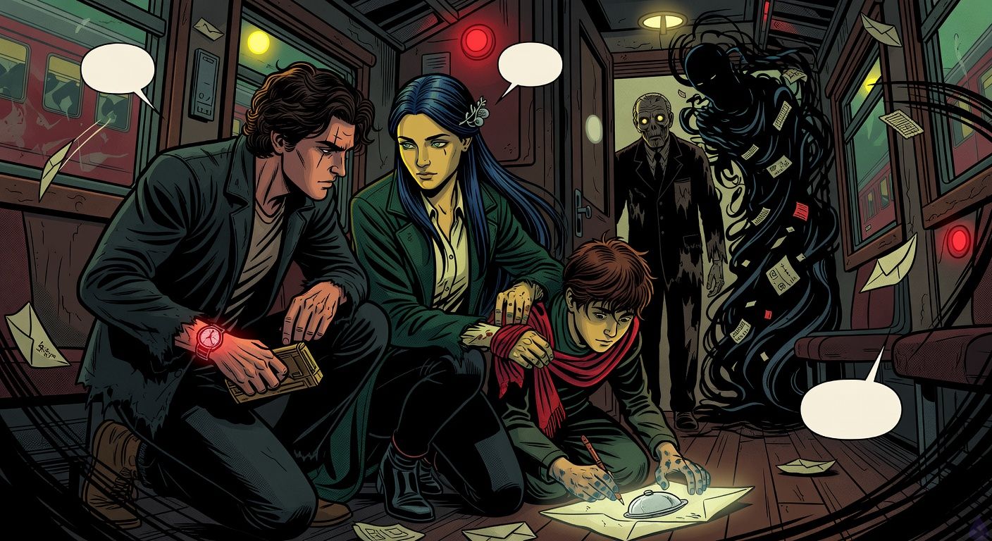 Cinematic supernatural horror scene inside an old train compartment at 2:15 a.m., yellow and red emergency lighting, a young Argentinian man with dark wavy hair, eyebrow scar, charcoal jacket and cracked silver watch gripping an antique brass ticket punch; beside him a graceful Kosovar woman in an emerald wool coat with blue-black pinned hair, silver pomegranate clasp, red scarf partly wrapped around an injured preteen boy’s hand; the boy has messy chestnut hair, graphite and blue ink-stained fingers, and draws a covered silver platter onto a glowing envelope spread across the floor. In the doorway stands an elderly skeletal conductor in black uniform with milky amber eyes, while behind him looms a faceless towering Old Conductor made of coal darkness and stitched tickets. Mood tense, intimate, protective, eerie, with body language showing trust under pressure, swirling ink, floating paper scraps, and reflections of a red dining car in the windows.