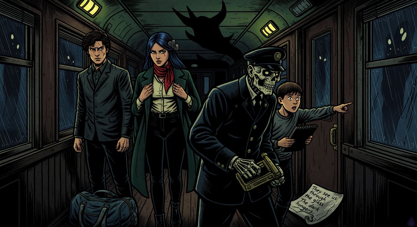 Cinematic supernatural thriller scene inside an old Balkan night train carriage with yellow flickering lights and rain-streaked windows showing impossible darkness filled with distant eye-like lights. Francisco, a lean late-20s Argentinian man with dark wavy hair, eyebrow scar, charcoal jacket and navy duffel at his feet, stands tense beside Luljeta, an elegant Kosovar woman in a dark emerald wool coat, red silk scarf, blue-black hair pinned with a silver pomegranate clasp, pale gray-green eyes protective and wary. A skeletal elderly conductor in a black uniform with tarnished brass buttons holds an antique brass ticket punch, his elongated hornlike shadow stretching over the ceiling. A mute preteen boy with a gray sweater and black sketchbook points urgently toward the carriage door. On the floor lies a graphite drawing with ominous writing. Mood: eerie, intimate protective tension, tasteful cinematic framing, high contrast shadows, gothic railway atmosphere, emotional suspense.