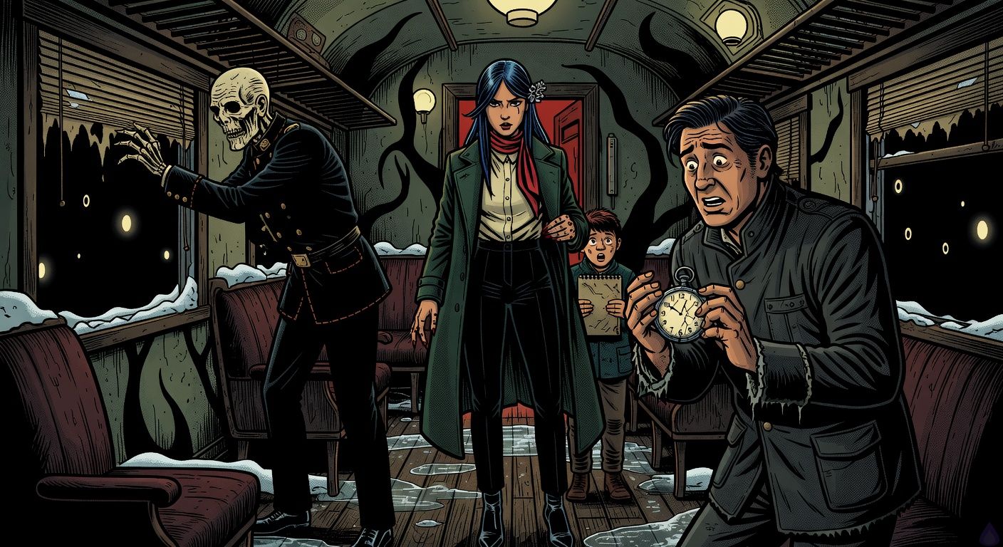 Cinematic gothic horror scene inside an old European train compartment at 2 AM. A tall skeletal elderly conductor in a black uniform lifts a fake window blind, revealing pitch-black nothingness outside with distant eye-like lights. An Argentinian man in a charcoal travel jacket stares at his cracked silver watch in shock. Beside him, a Kosovar woman in an emerald wool coat with a red scarf stands protectively in front of a frightened mute boy clutching a sketchbook. Yellow carriage lights, red glow from a dining car doorway, tense body language, eerie shadows shaped like horns, damp floorboards with melting snow, intimate protective atmosphere, suspenseful and supernatural, no gore.