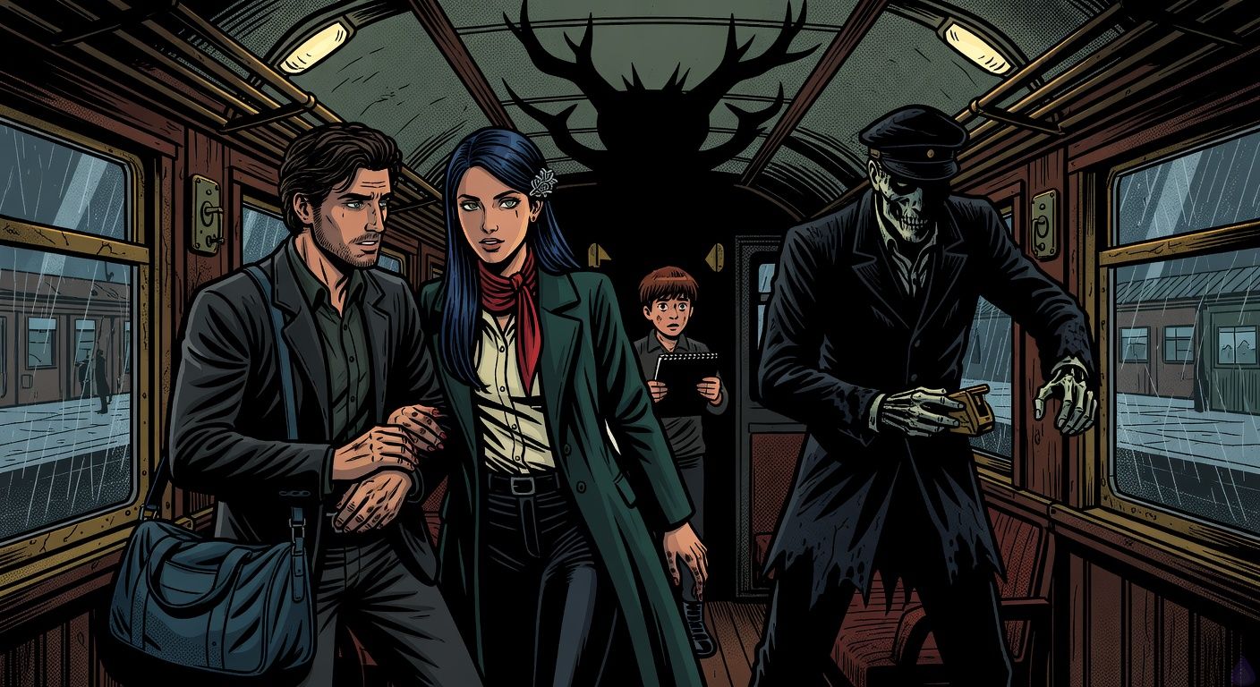 Cinematic gothic thriller scene inside an old Balkan night train carriage, yellow flickering overhead lights, rain-streaked windows showing an impossible unmoving platform outside. Francisco, a lean late-20s Argentinian man with dark wavy hair, stubble, eyebrow scar, charcoal jacket and navy duffel, stands tense beside Luljeta, an elegant Kosovar woman in a dark emerald wool coat, red silk scarf, pale gray-green eyes, blue-black hair pinned with a silver pomegranate clasp. Her ink-stained fingers hold his wrist protectively, their body language intimate and wary rather than explicit, charged with trust and fear. A tall skeletal conductor in an old black uniform looms before them with a brass ticket punch, his shadow stretched hornlike across the ceiling. In the background, a mute preteen boy with a messy chestnut bowl cut clutches a black sketchbook, watching ominously. Moody chiaroscuro lighting, suspenseful, romantic tension, supernatural dread, detailed period train interior, tasteful cinematic framing.