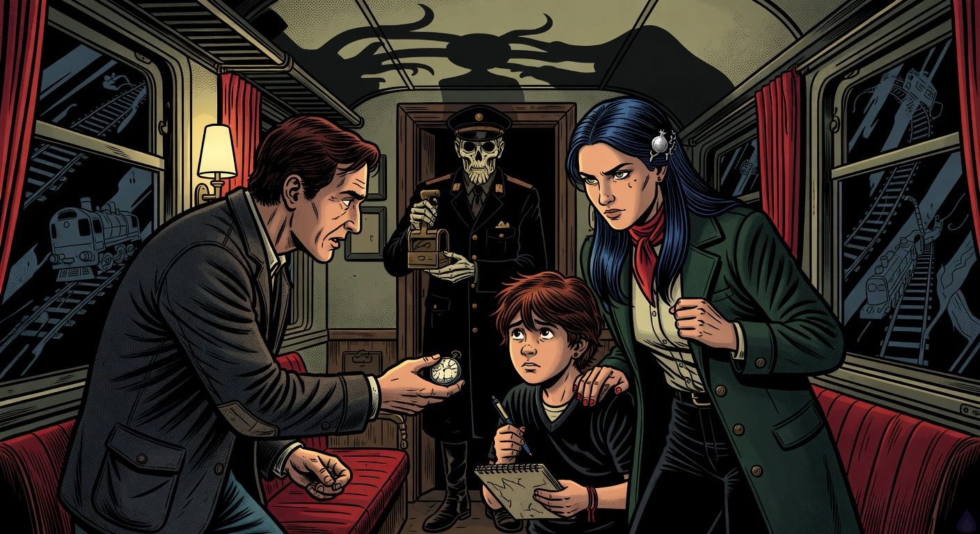 Cinematic supernatural thriller scene inside an old European train compartment at 2am, yellow and red lamplight, false blinds over black windows, an Argentinian man in a charcoal travel jacket handing a cracked silver watch to a frightened preteen boy with messy chestnut hair and a red thread bracelet, the boy clutching a blue pen and sketchbook. A poised Kosovar woman in a dark emerald coat and red scarf stands protectively close, pale gray-green eyes focused and tense, blue-black hair pinned with a silver pomegranate clasp. In the doorway, a tall skeletal elderly conductor in a black vintage uniform holds an antique brass ticket punch, his shadow stretched hornlike across the ceiling. Mood eerie, intimate, suspenseful, body language protective and defiant, reflections in the windows show surreal ghostly railway imagery without gore, rich shadows, film noir composition, tasteful emotional intensity.