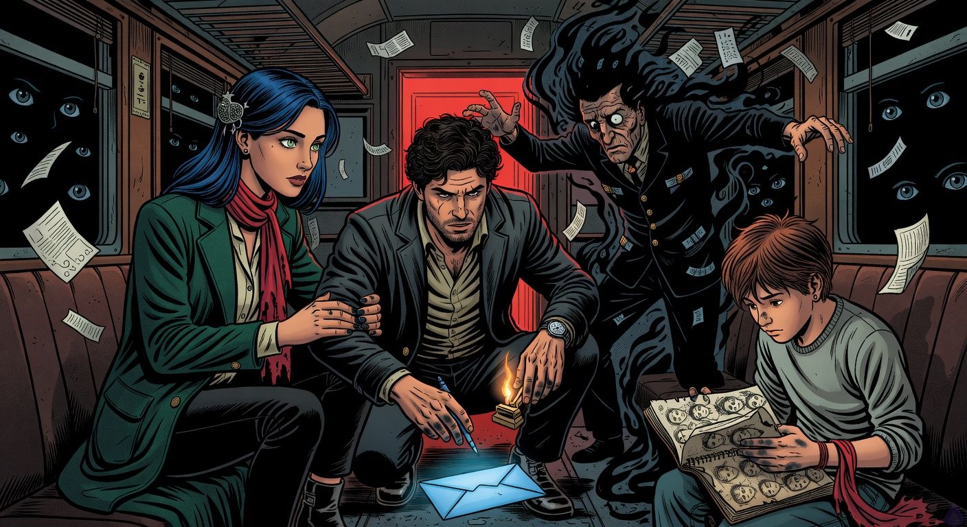 Cinematic supernatural thriller scene inside an old night train compartment at 2:16 AM. Francisco, a lean late-20s Argentinian man with dark wavy hair, eyebrow scar, stubble, charcoal jacket and cracked silver watch, kneels over an opened glowing envelope with a blue pen and burning brass ticket punch in his hands. Luljeta, an elegant Kosovar woman in a dark emerald coat with blue-black hair pinned by a silver pomegranate clasp, gray-green eyes, crescent birthmark, and singed red scarf, clasps his hand with fierce protective emotion. Neriman, a narrow-shouldered preteen boy with messy chestnut hair, graphite-smudged hands, gray sweater, and a red thread bracelet partly wrapped in red silk, opens a battered sketchbook filled with hundreds of tiny faces looking upward. Bajram, a skeletal elderly conductor in a black uniform with tarnished brass buttons and cloudy eye, blocks a towering faceless Old Conductor made of coal-darkness and stitched tickets. Red dining car light glows behind them, black windows shimmer with watching eyes, papers flutter, mood tense, eerie, intimate, dramatic chiaroscuro lighting, tasteful emotional closeness, no gore.